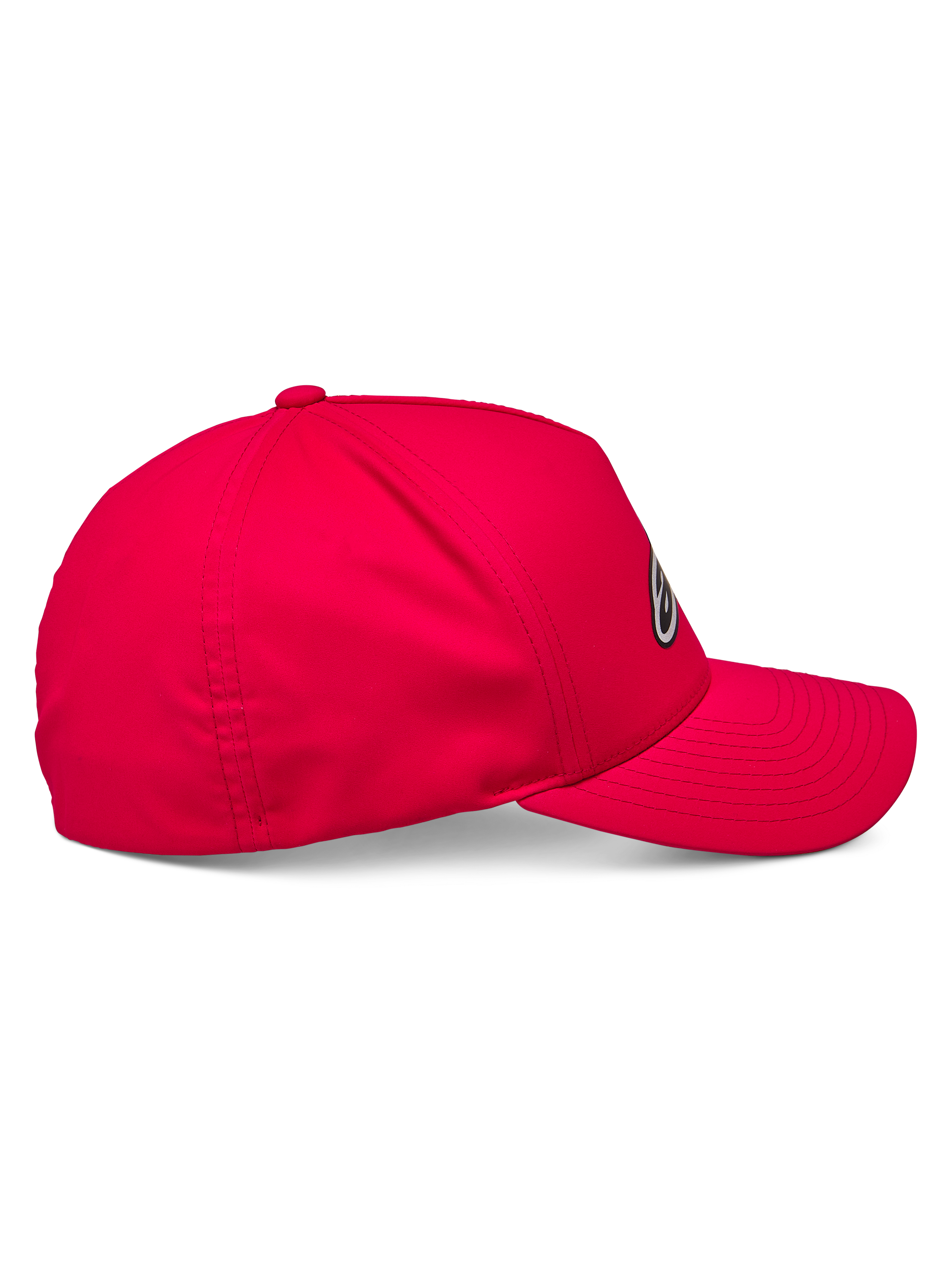 Chapéu Alpinestars Ageless Reflex Waterproof, Vermelho, vista de perfil lateral de um boné de estilo basebol com pala curva e coroa estruturada, fabricado em tecido técnico impermeável com detalhe de logótipo refletor