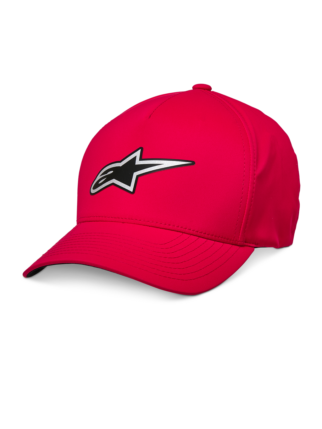 Alpinestars Ageless Reflex Waterproof Hat, boné de basebol vermelho, aba curva, logótipo Astars refletor prateado e preto, tecido técnico impermeável, acessório desportivo casual