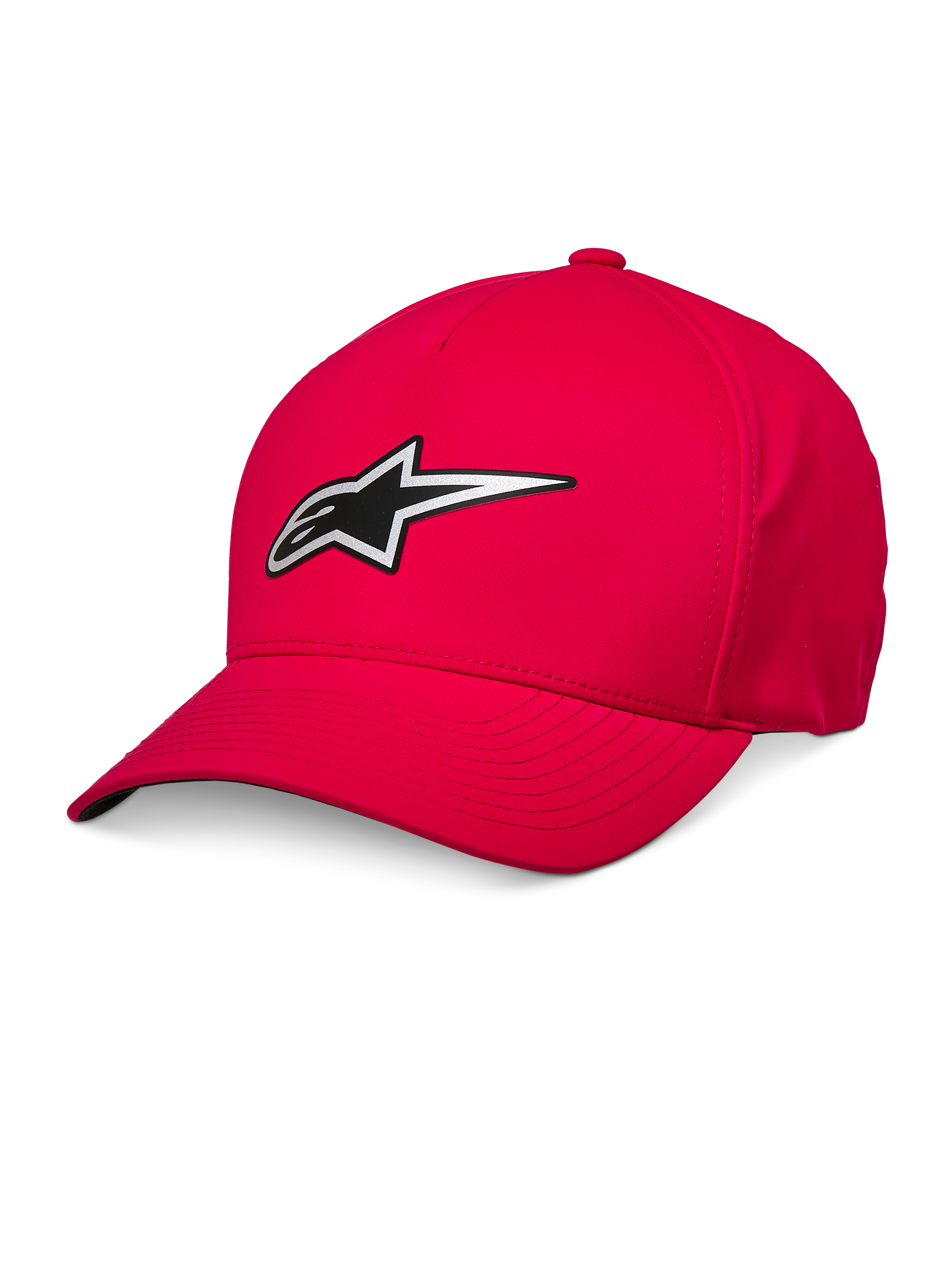 Alpinestars Ageless Reflex Waterproof Hat, boné de basebol vermelho, aba curva, logótipo Astars refletor prateado e preto, tecido técnico impermeável, acessório desportivo casual