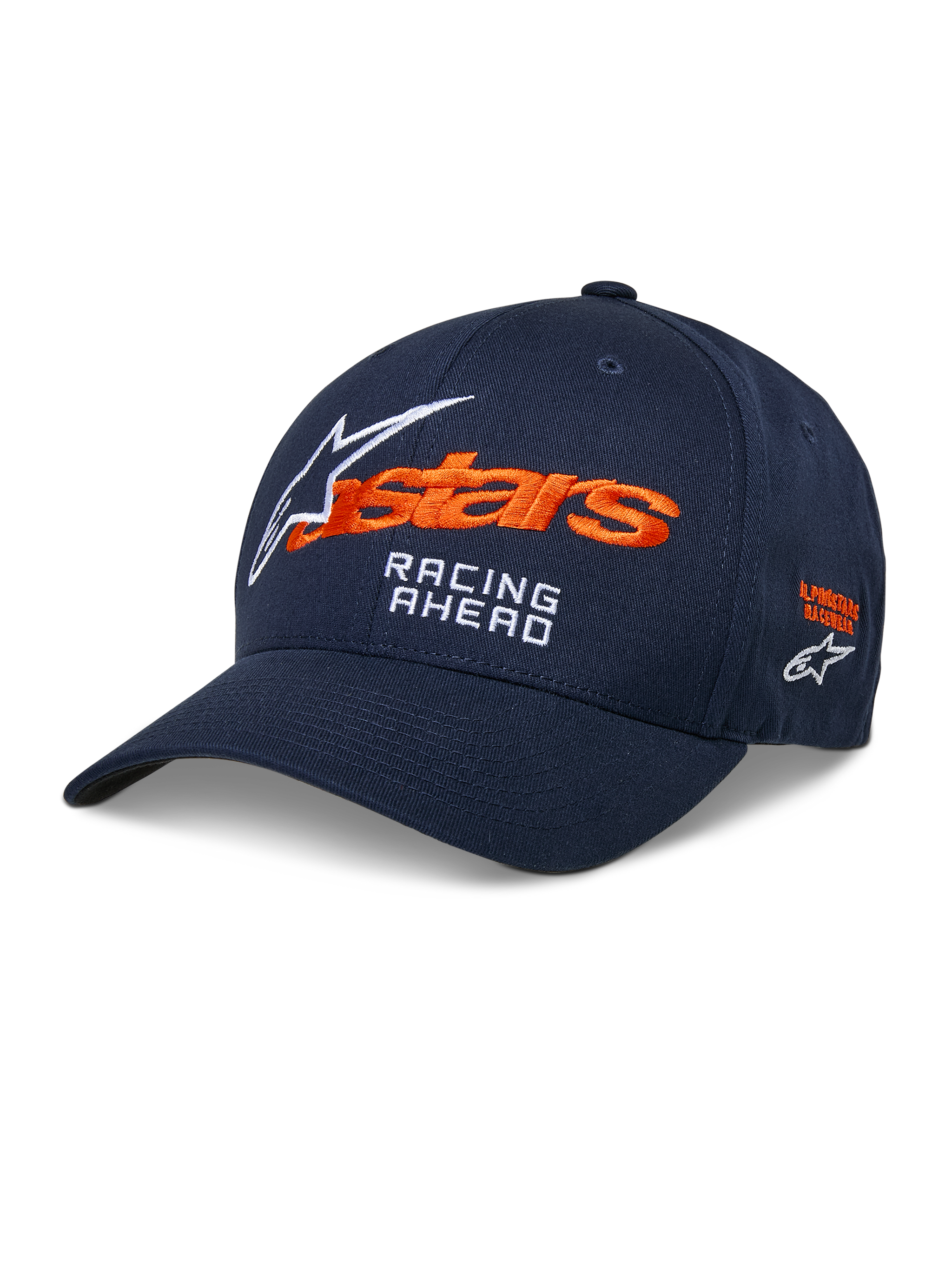 Alpinestars Entitled Hat, boné de basebol azul-marinho com aba curva, com logótipos bordados em laranja e branco e o texto 'RACING AHEAD', design casual inspirado no desporto motorizado