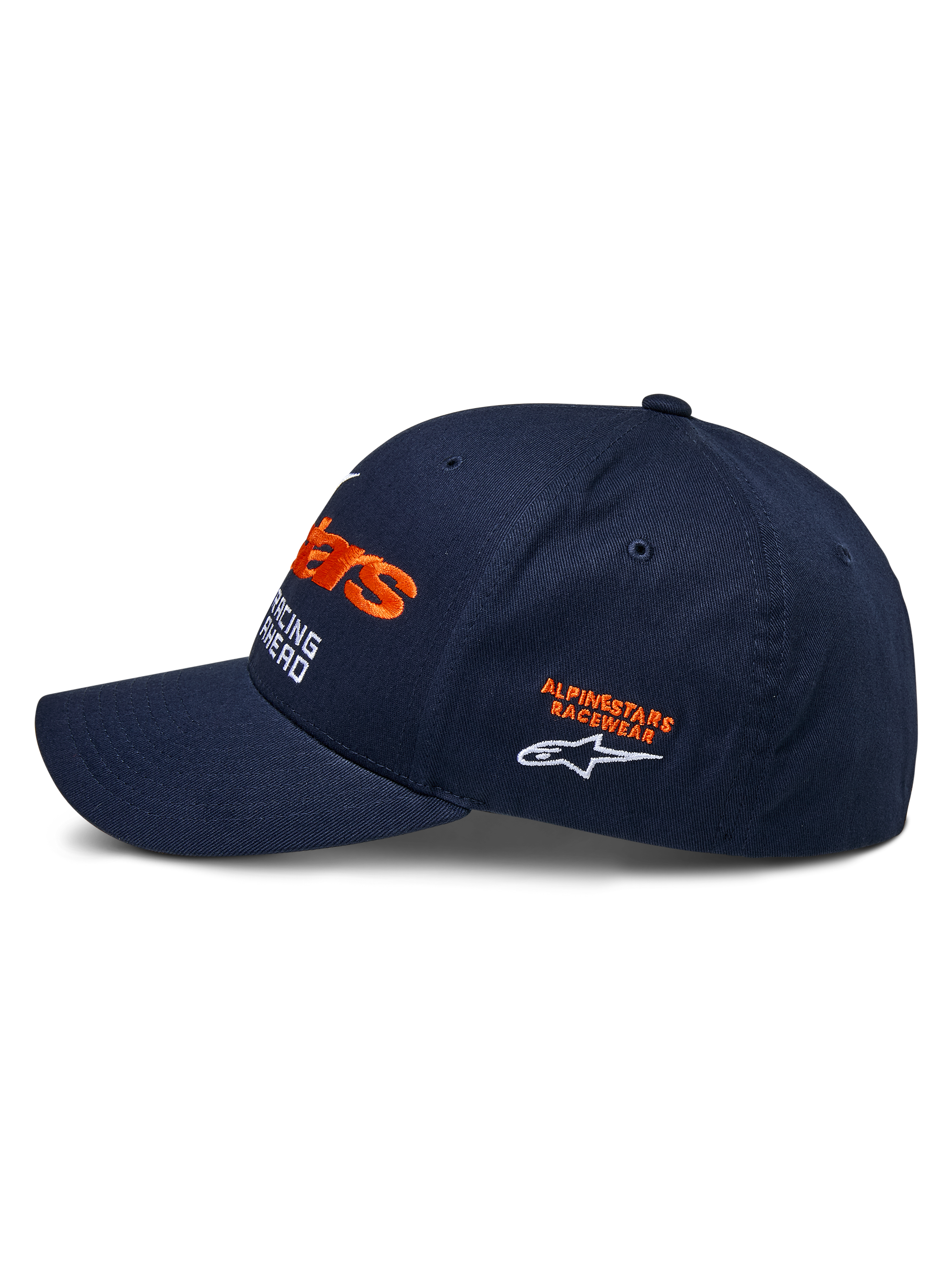 Boné Alpinestars Entitled, vista lateral, azul-marinho com bordados laranja e branco, com o texto e logótipo 'Alpinestars Racewear', pala curva, coroa estruturada, acessório casual de desportos motorizados