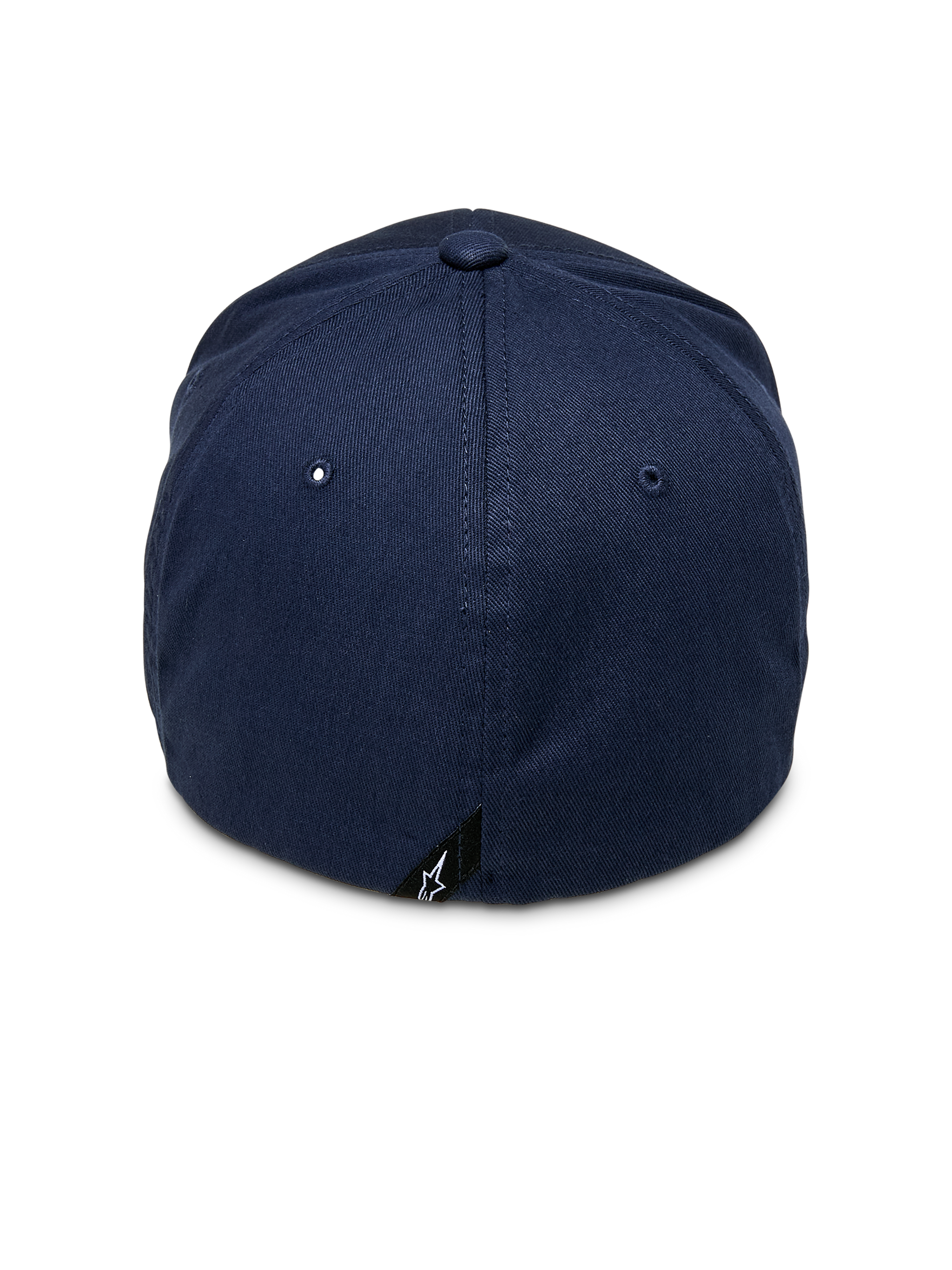 Alpinestars Entitled Hat, boné de basebol flex-back, azul marinho, vista traseira com uma pequena etiqueta preta com logótipo, coroa estruturada em tecido de sarja elástica, acessório de cabeça casual inspirado no desporto motorizado
