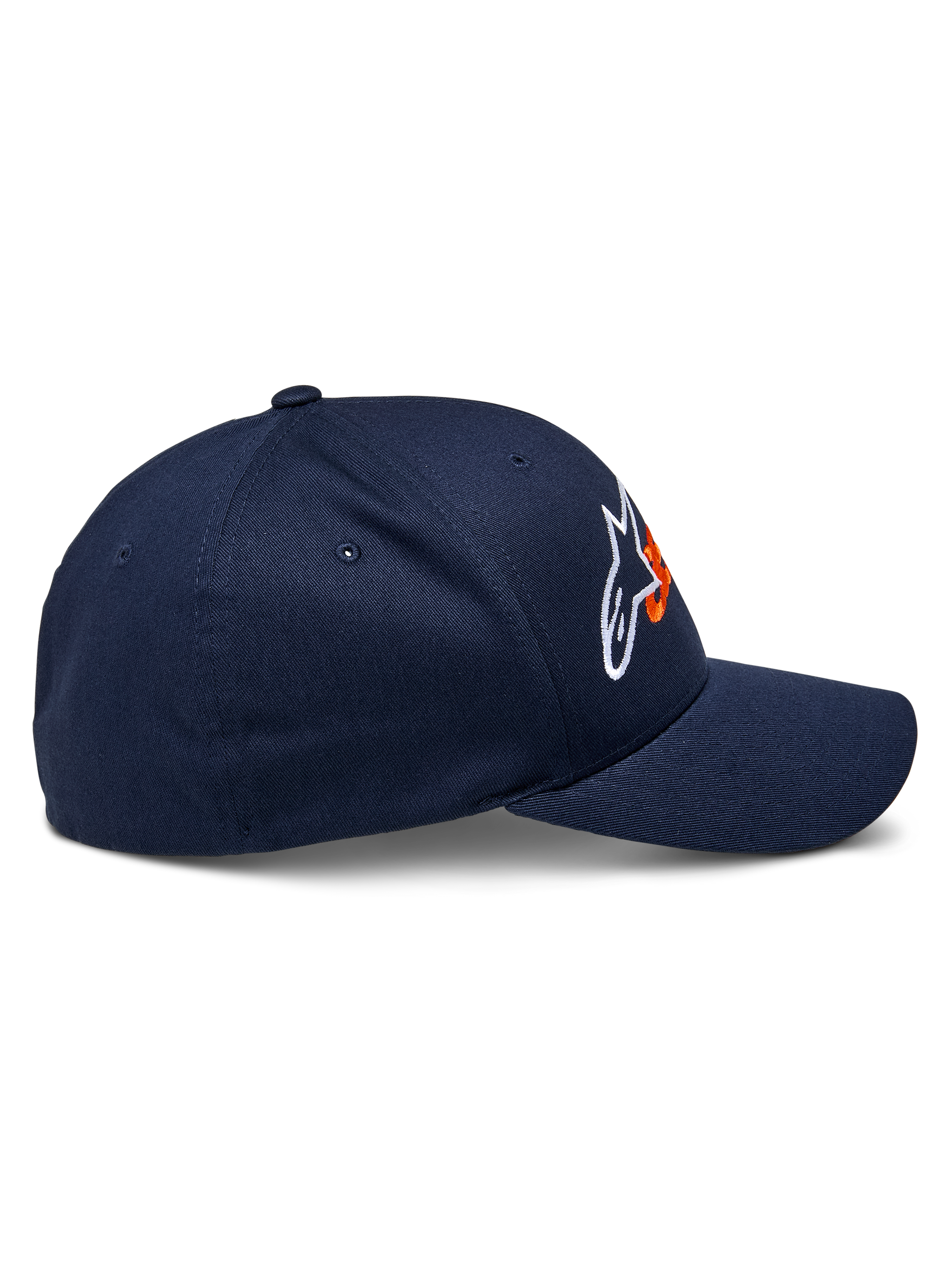 Boné Alpinestars Entitled, boné casual desportivo, azul-marinho e laranja, vista de perfil, pala curva com coroa estruturada, logótipo Alpinestars em branco e laranja, tecido em sarja elástica