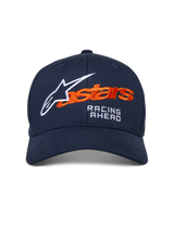 Alpinestars Entitled Hat, boné de basebol azul-marinho com bordado laranja e branco, com a marca 'astars' e o texto 'RACING AHEAD', pala curva, acessório de cabeça casual inspirado no desporto motorizado