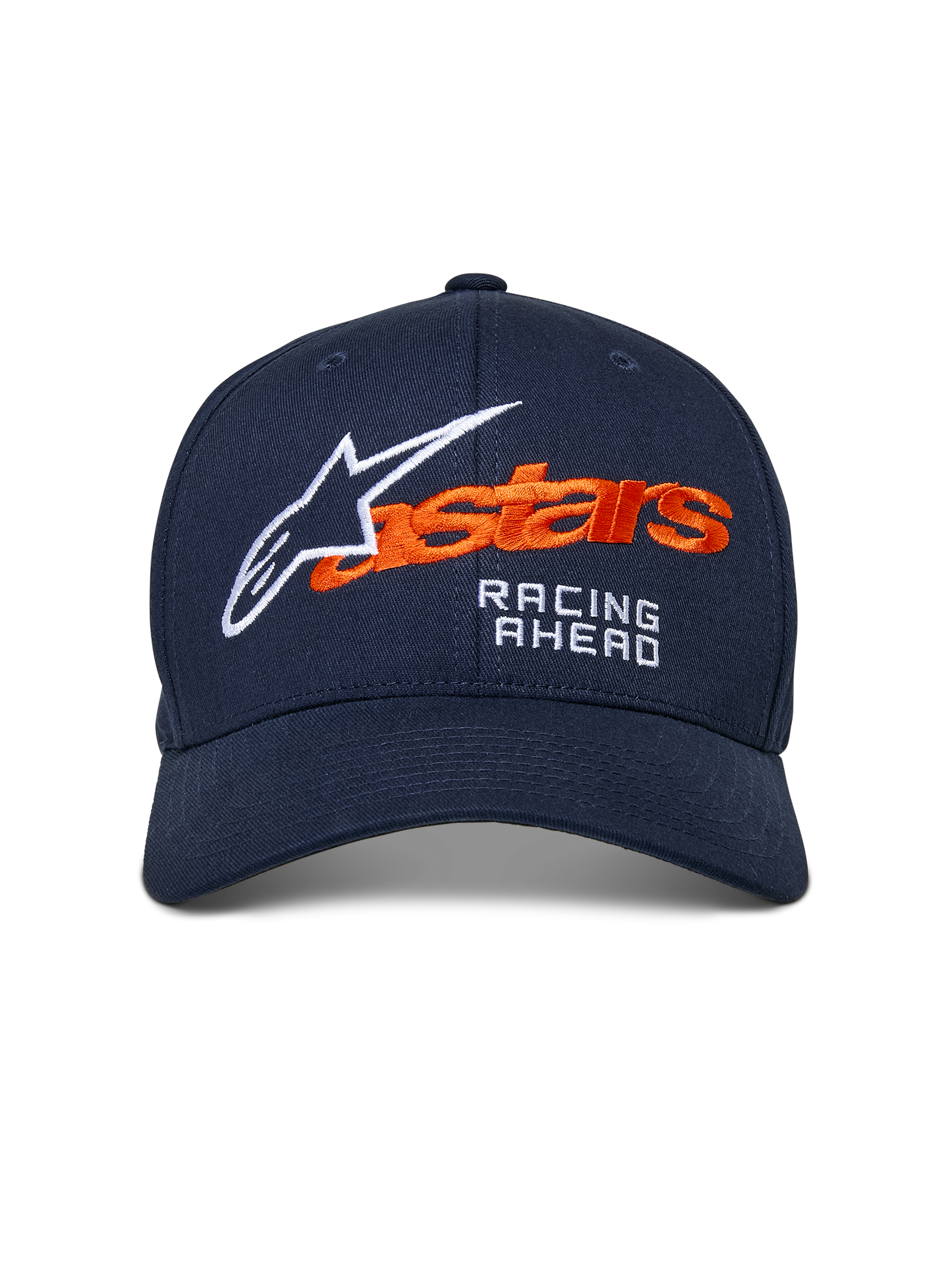 Alpinestars Entitled Hat, boné de basebol azul-marinho com bordado laranja e branco, com a marca 'astars' e o texto 'RACING AHEAD', pala curva, acessório de cabeça casual inspirado no desporto motorizado