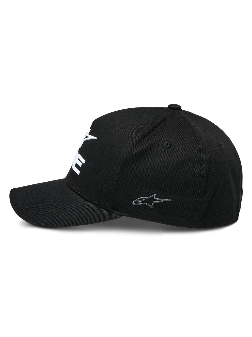 Alpinestars Ride Sonic Hat, structured baseball cap, Black, side profile view featuring a curved bill and small grey embroidered star logo on the side panel, stretch twill fabric, casual motorsport headwear