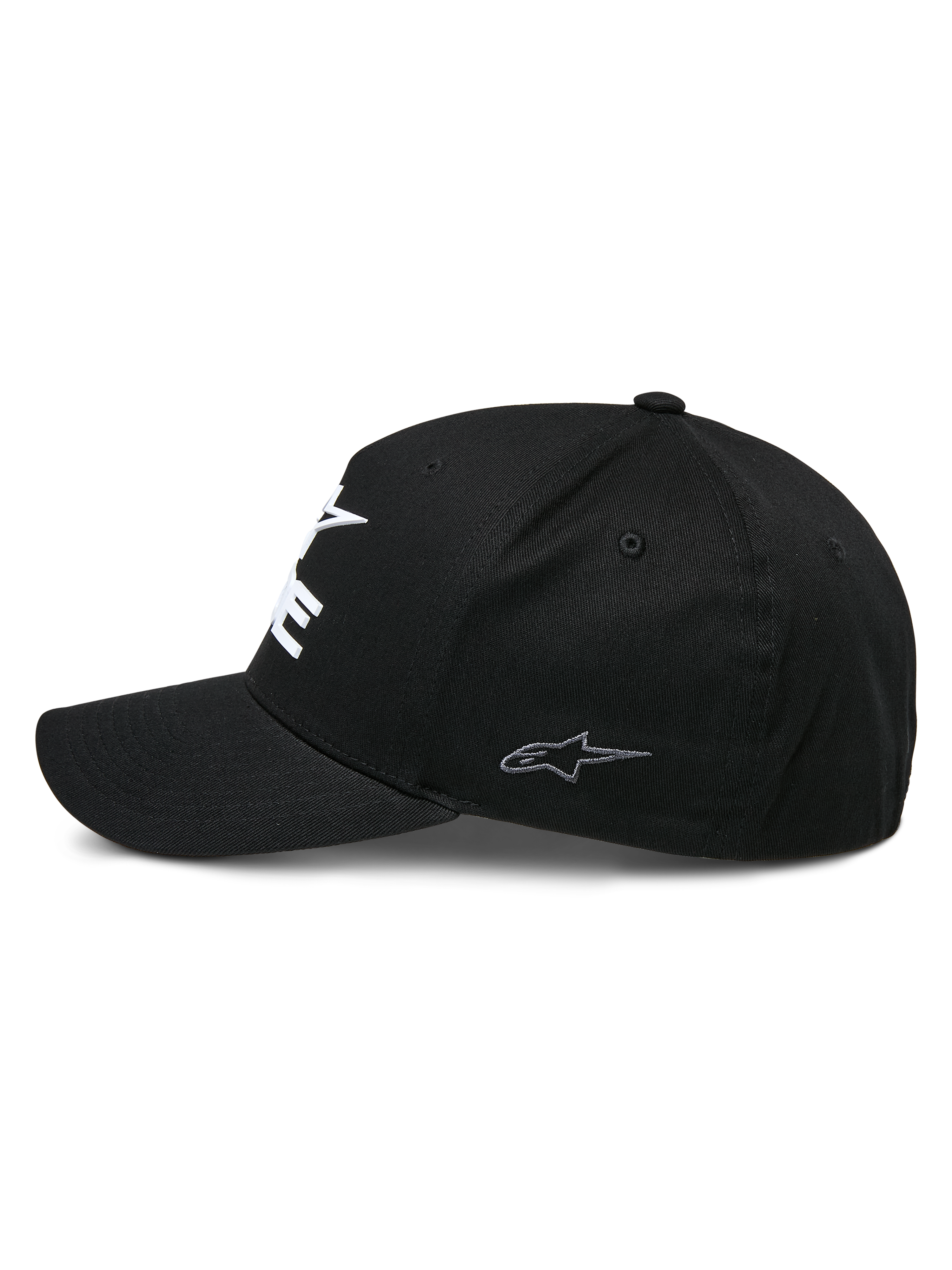 Alpinestars Ride Sonic Hat, structured baseball cap, Black, side profile view featuring a curved bill and small grey embroidered star logo on the side panel, stretch twill fabric, casual motorsport headwear