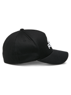 Alpinestars Ride Sonic Hat, side profile view, black with white 3D embroidered logo, curved bill, structured crown, stretch twill fabric, casual motorsport headwear