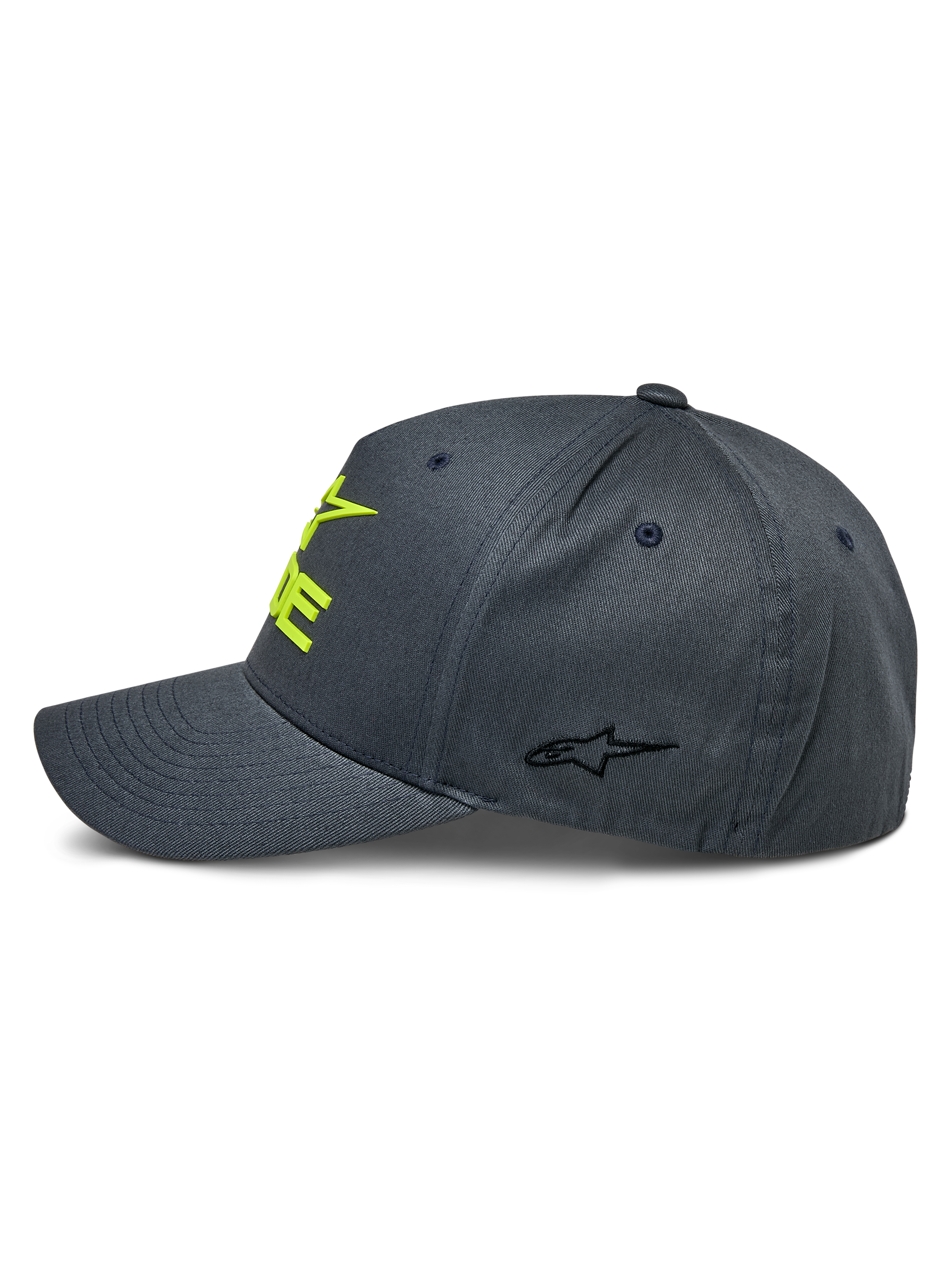Alpinestars Ride Sonic Hat, Charcoal and Hi-Vis Yellow, side profile view showing curved bill and structured crown, 3D embroidered yellow logo on front and small black star logo on side panel, casual motorsport headwear