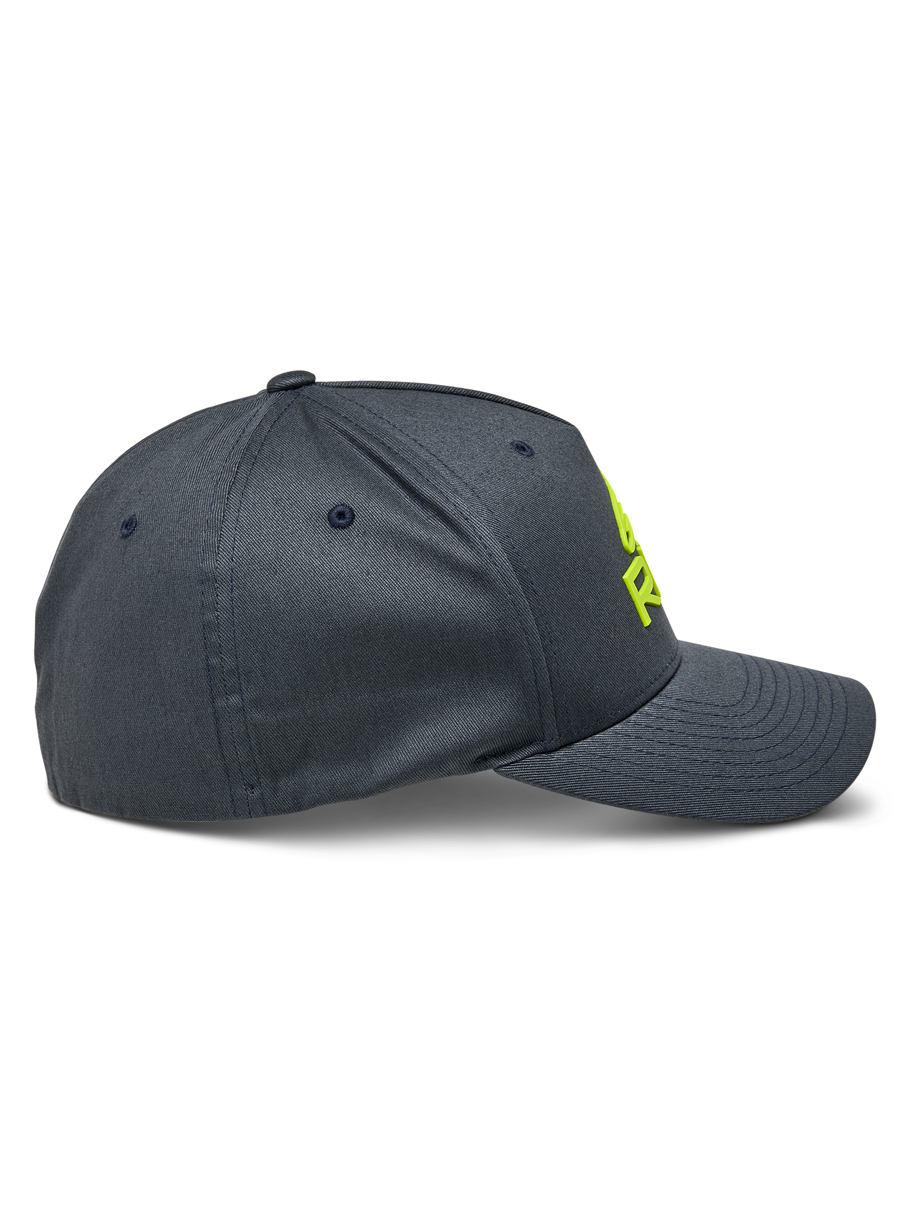 Alpinestars Ride Sonic Hat, side profile view, charcoal gray with hi-vis yellow 3D embroidered logo, curved bill and structured crown, stretch twill casual motorsport headwear