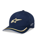 Alpinestars Ascension Snapback Hat, Baseball Cap, Navy Blue and Gold, 3D embroidered Astars logo, curved brim with yellow and white stripes, casual motorsport headwear