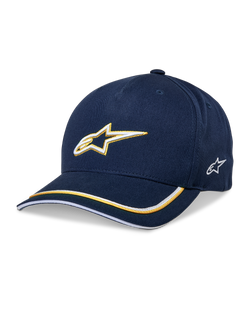 Boné Snapback Alpinestars Ascension, boné de basebol azul-escuro e dourado, logótipo Astars bordado em 3D, aba curva com riscas amarelas e brancas, acessório casual de motorsport