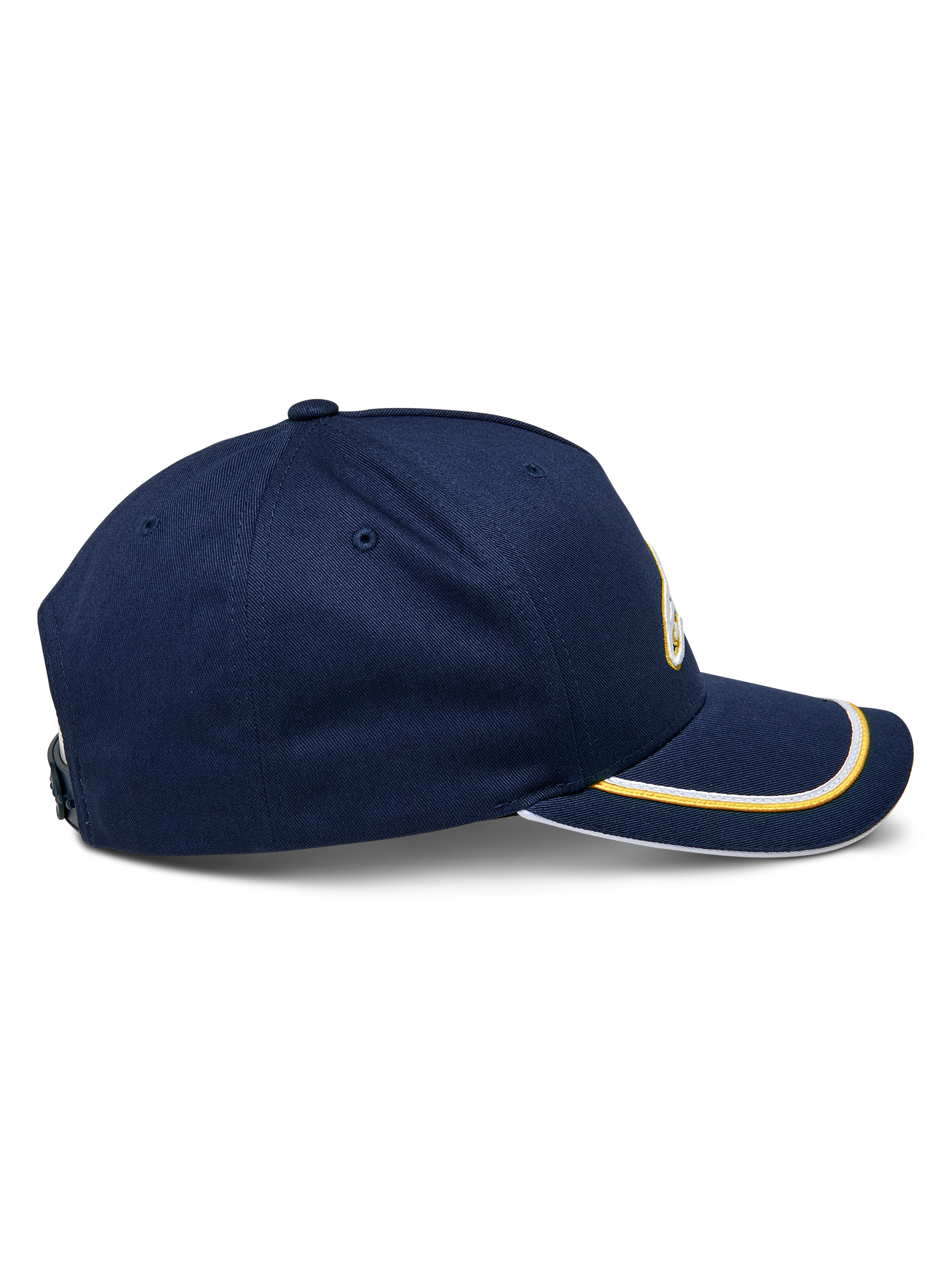 Alpinestars Ascension Snapback Hat, side view, Navy blue with gold and white sutache trim on the curved bill, structured crown, casual motorsport headwear