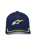 Alpinestars Ascension Snapback Hat, Navy and Gold, 3D embroidered white and gold Astars logo, curved bill with double sutache trim, casual motorsport-inspired headwear