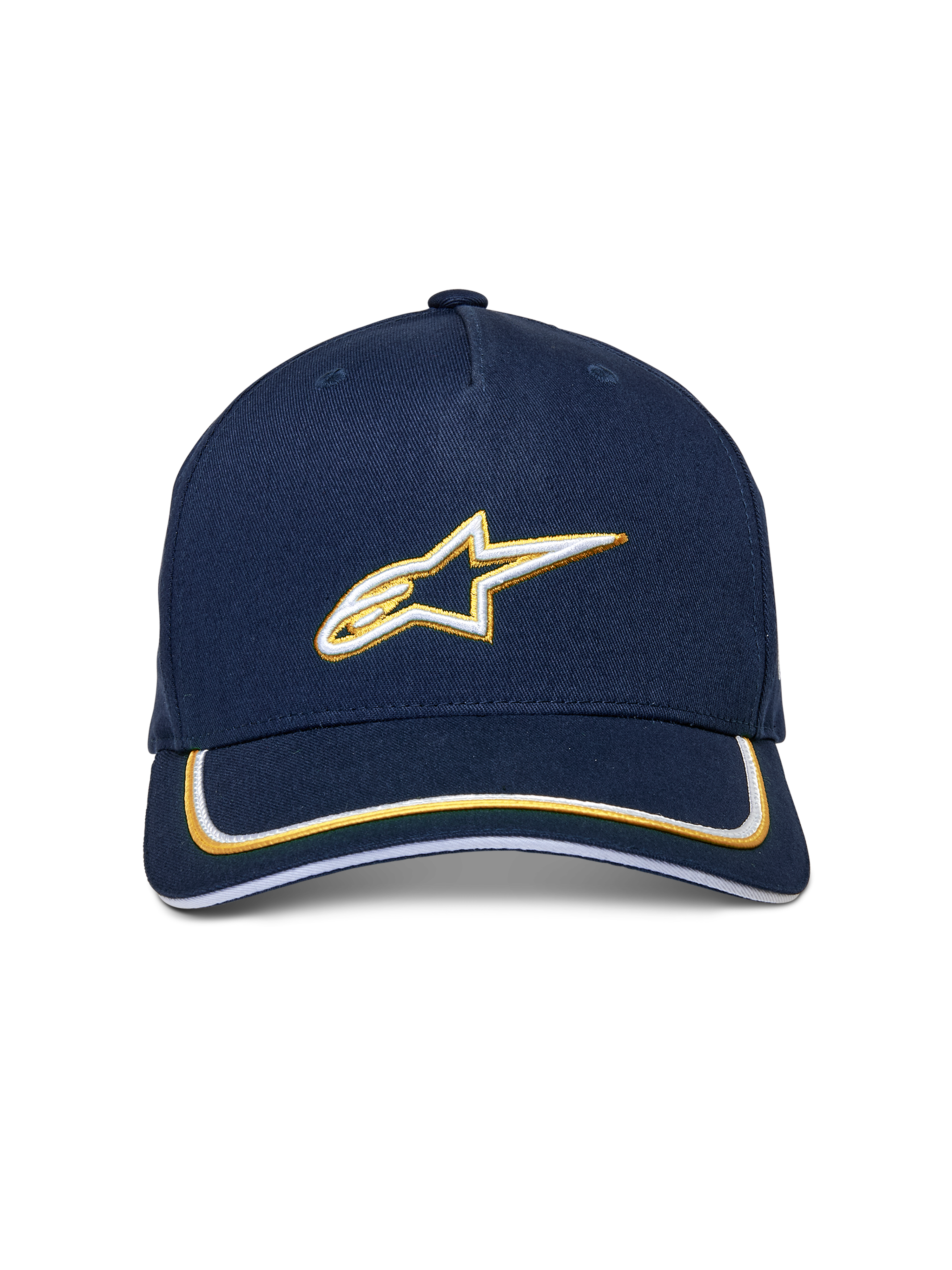 Alpinestars Ascension Snapback Hat, Navy and Gold, 3D embroidered white and gold Astars logo, curved bill with double sutache trim, casual motorsport-inspired headwear