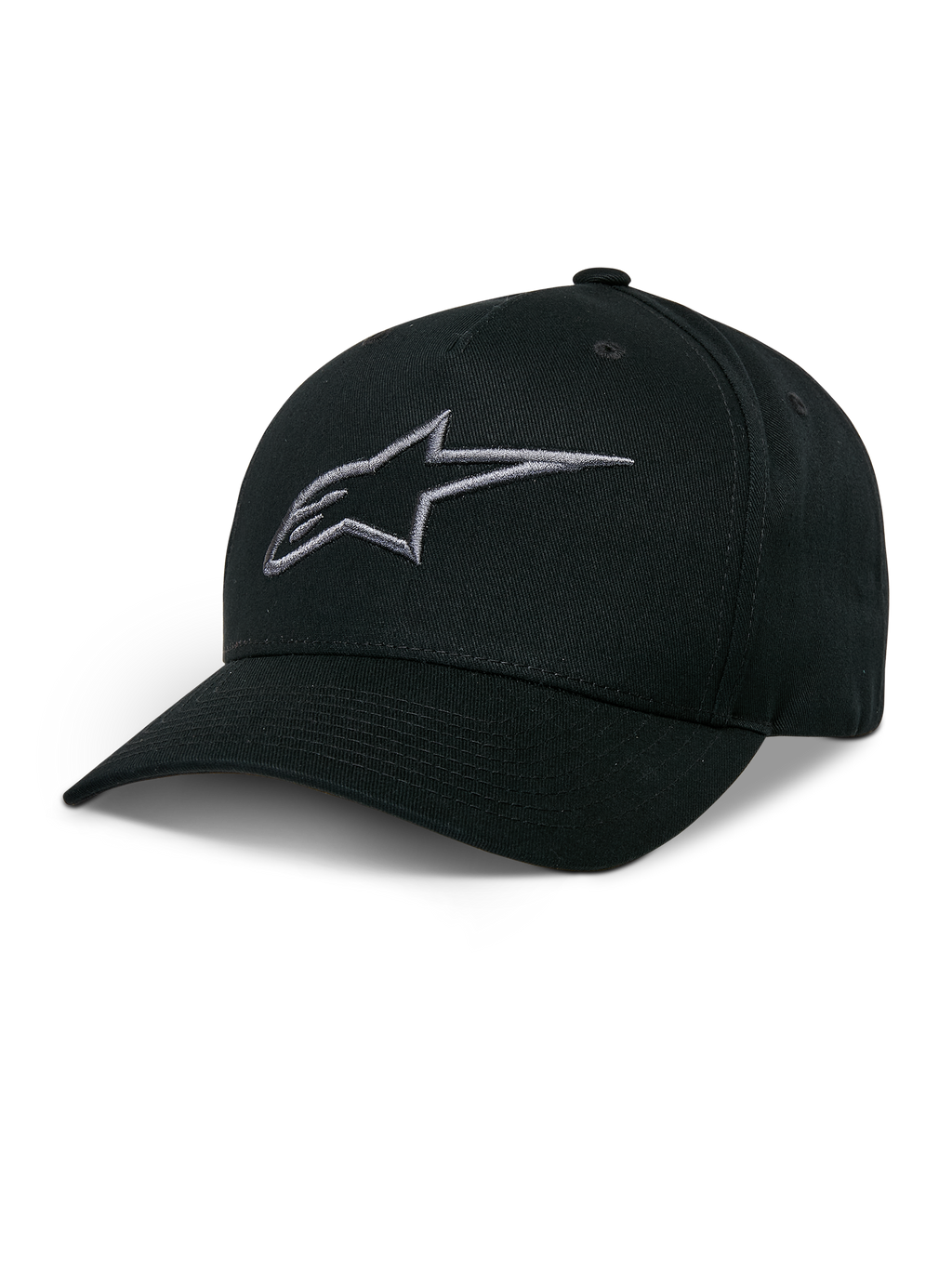 Alpinestars Ageless Snapback Hat, boné de basebol preto com logótipo de estrela bordado em cinzento carvão, aba curva, coroa estruturada, acessório casual de desporto motorizado