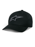 Alpinestars Ageless Snapback Hat, boné de basebol preto com logótipo de estrela bordado em cinzento carvão, aba curva, coroa estruturada, acessório casual de desporto motorizado