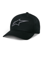 Alpinestars Ageless Snapback Hat, boné de basebol preto com logótipo de estrela bordado em cinzento carvão, aba curva, coroa estruturada, acessório casual de desporto motorizado