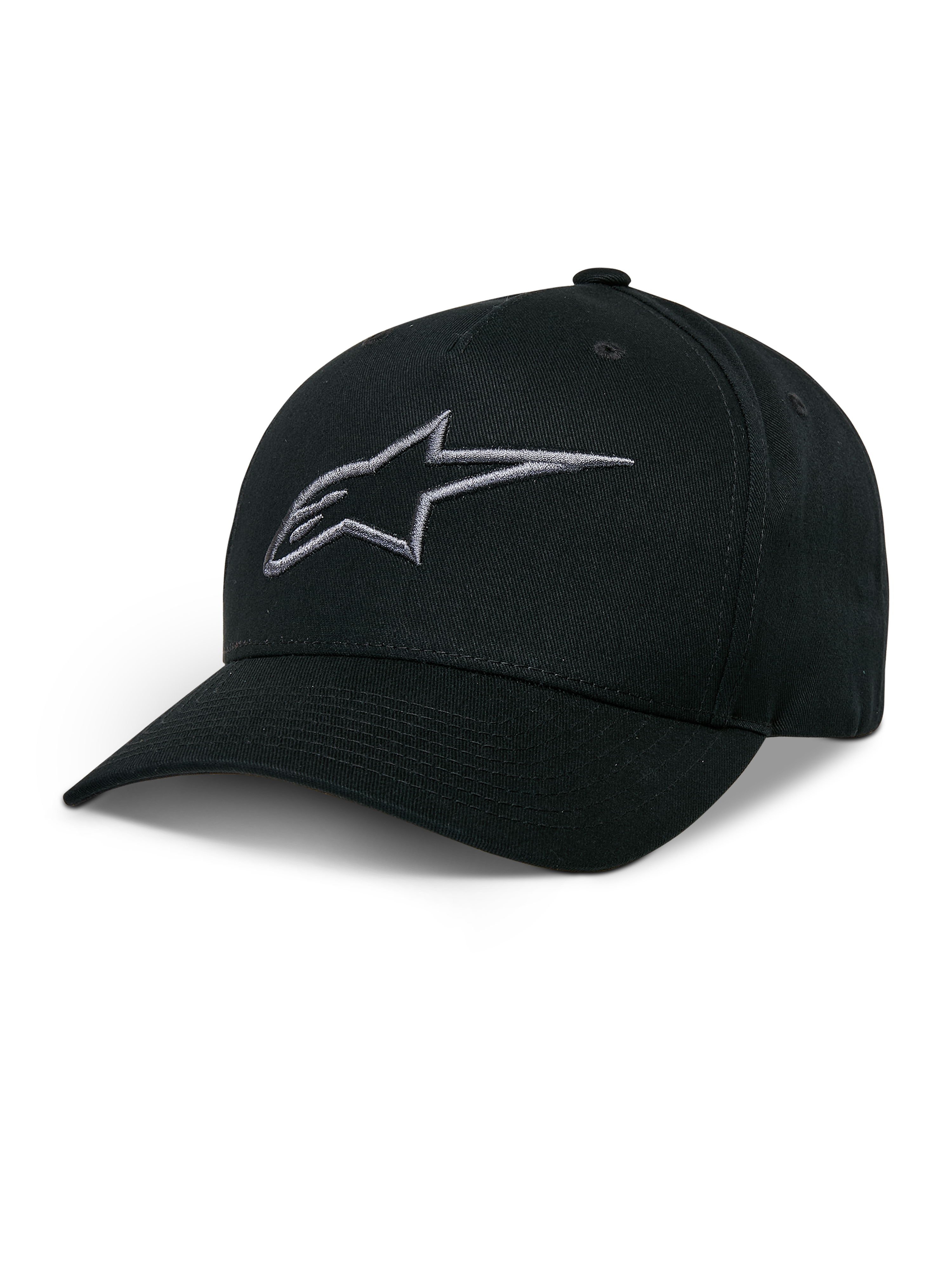 Alpinestars Ageless Snapback Hat, Black Baseball Cap with Charcoal Embroidered Star Logo, Curved Bill, Structured Crown, Casual Motorsport Headwear