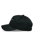Boné Alpinestars Ageless Snapback, perfil lateral, preto carvão, aba curva com coroa estruturada, logótipo bordado em 3D na frente, tecido principal em sarja de algodão, acessório casual de motorsport