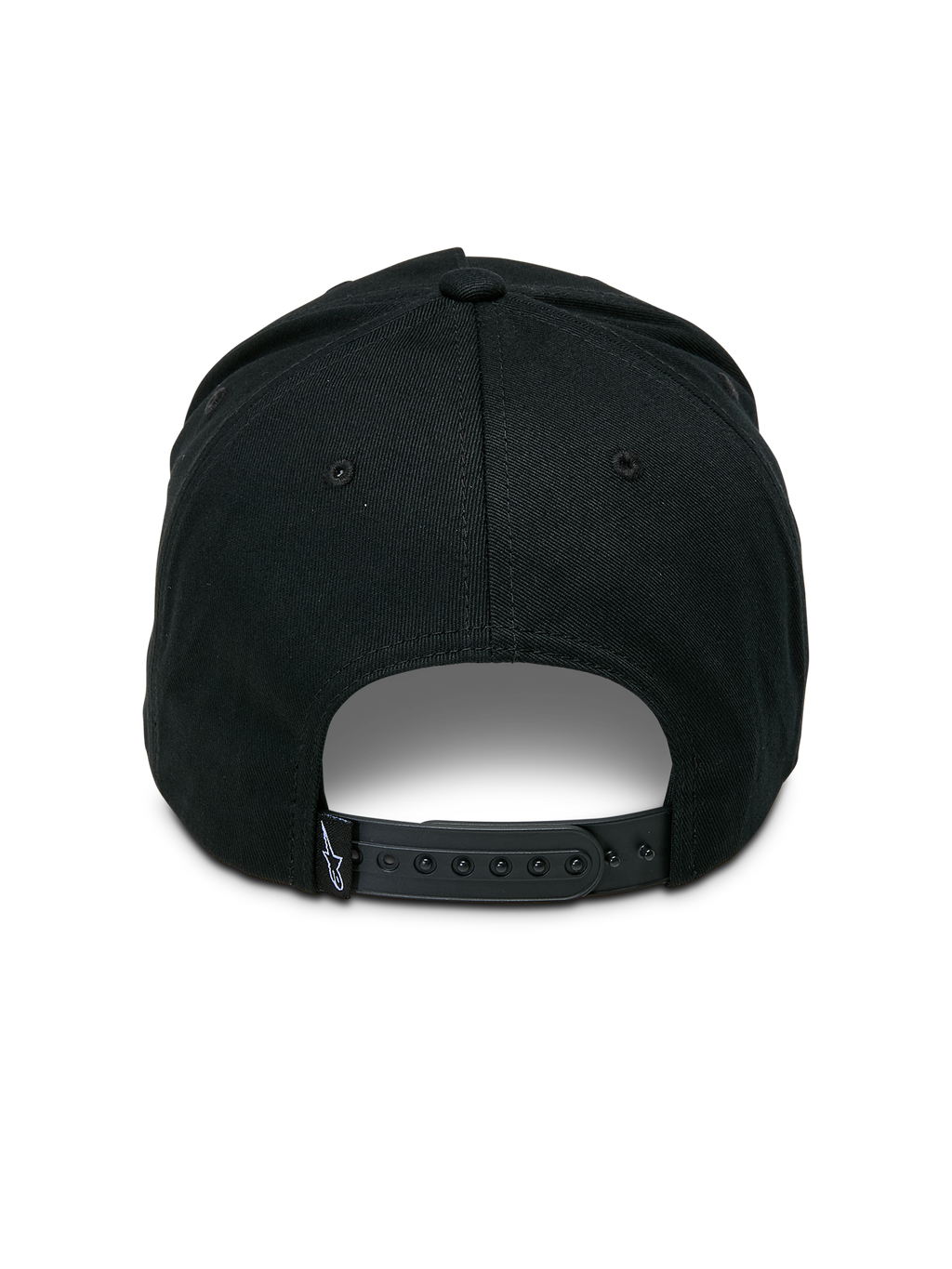 Boné Alpinestars Ageless Snapback, preto, vista traseira com fecho snapback ajustável, pequena etiqueta tecida com logótipo de estrela, coroa estruturada em sarja de algodão, acessório casual inspirado no desporto motorizado