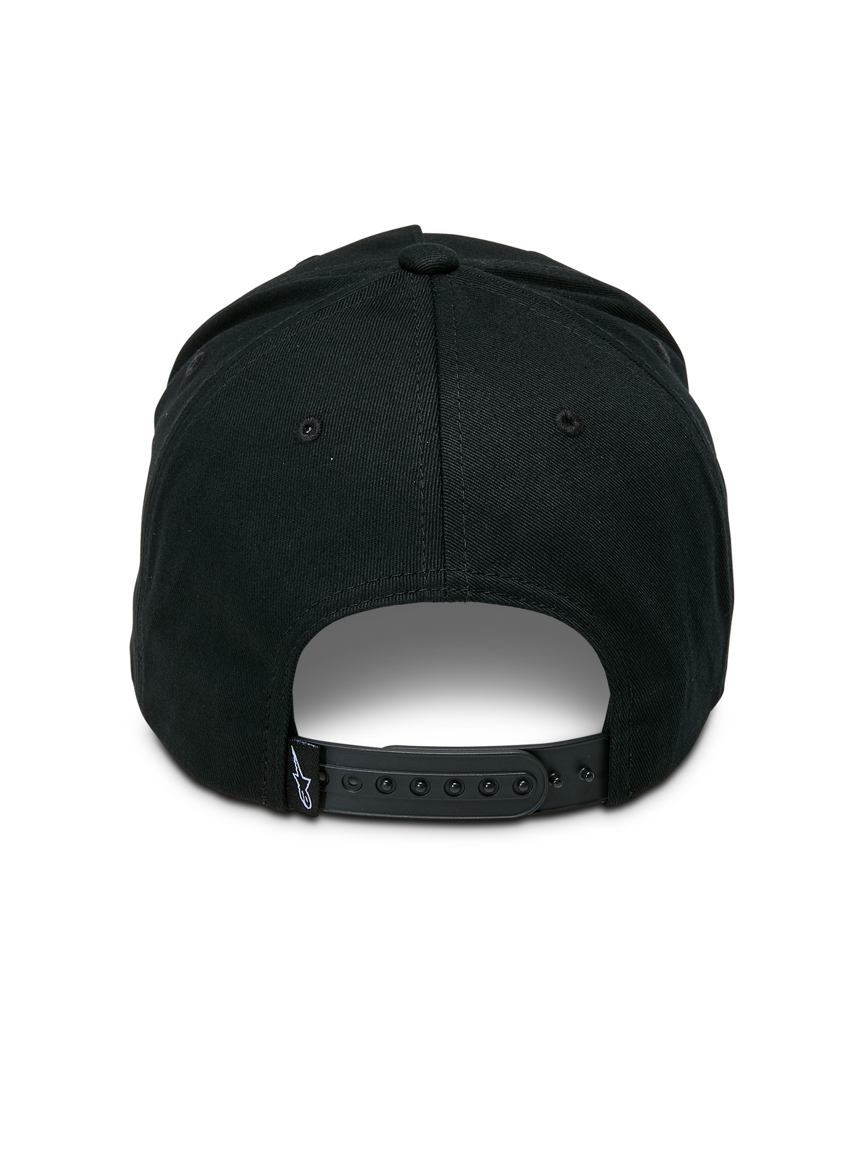 Boné Alpinestars Ageless Snapback, preto, vista traseira com fecho snapback ajustável, pequena etiqueta tecida com logótipo de estrela, coroa estruturada em sarja de algodão, acessório casual inspirado no desporto motorizado