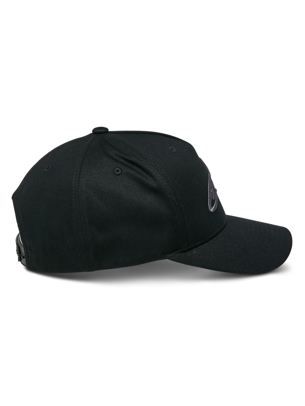 Boné Alpinestars Ageless Snapback, Preto Charcoal, vista de perfil lateral, coroa estruturada com pala curva, fecho snapback ajustável, acessório casual inspirado no desporto motorizado