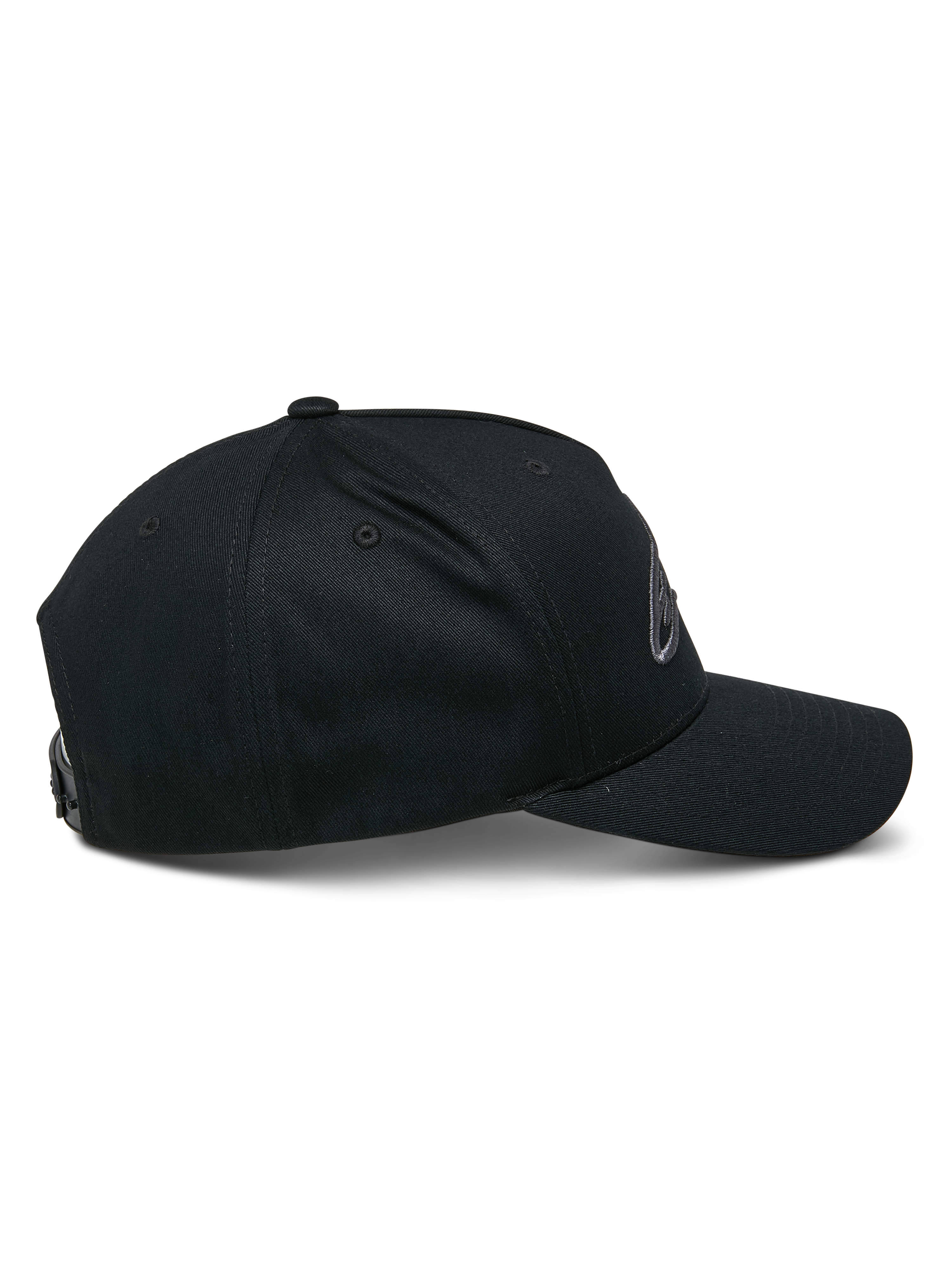 Boné Alpinestars Ageless Snapback, Preto Charcoal, vista de perfil lateral, coroa estruturada com pala curva, fecho snapback ajustável, acessório casual inspirado no desporto motorizado