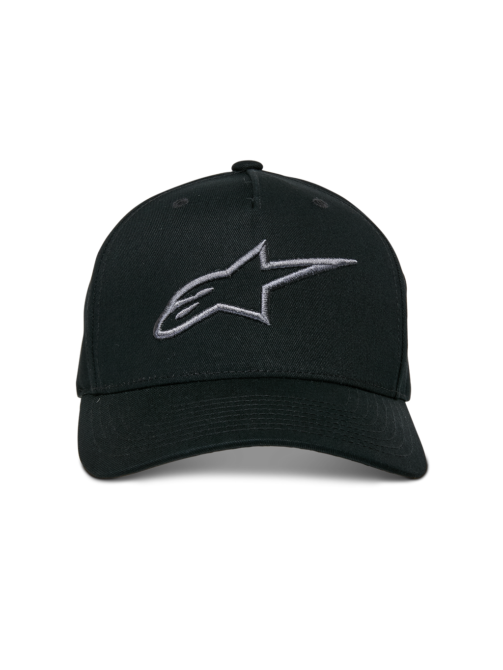 Boné Alpinestars Ageless Snapback, preto e cinzento escuro, pala curva, coroa estruturada, logótipo linear bordado em 3D, acessório casual inspirado no desporto motorizado