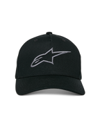 Boné Alpinestars Ageless Snapback, preto e cinzento escuro, pala curva, coroa estruturada, logótipo linear bordado em 3D, acessório casual inspirado no desporto motorizado