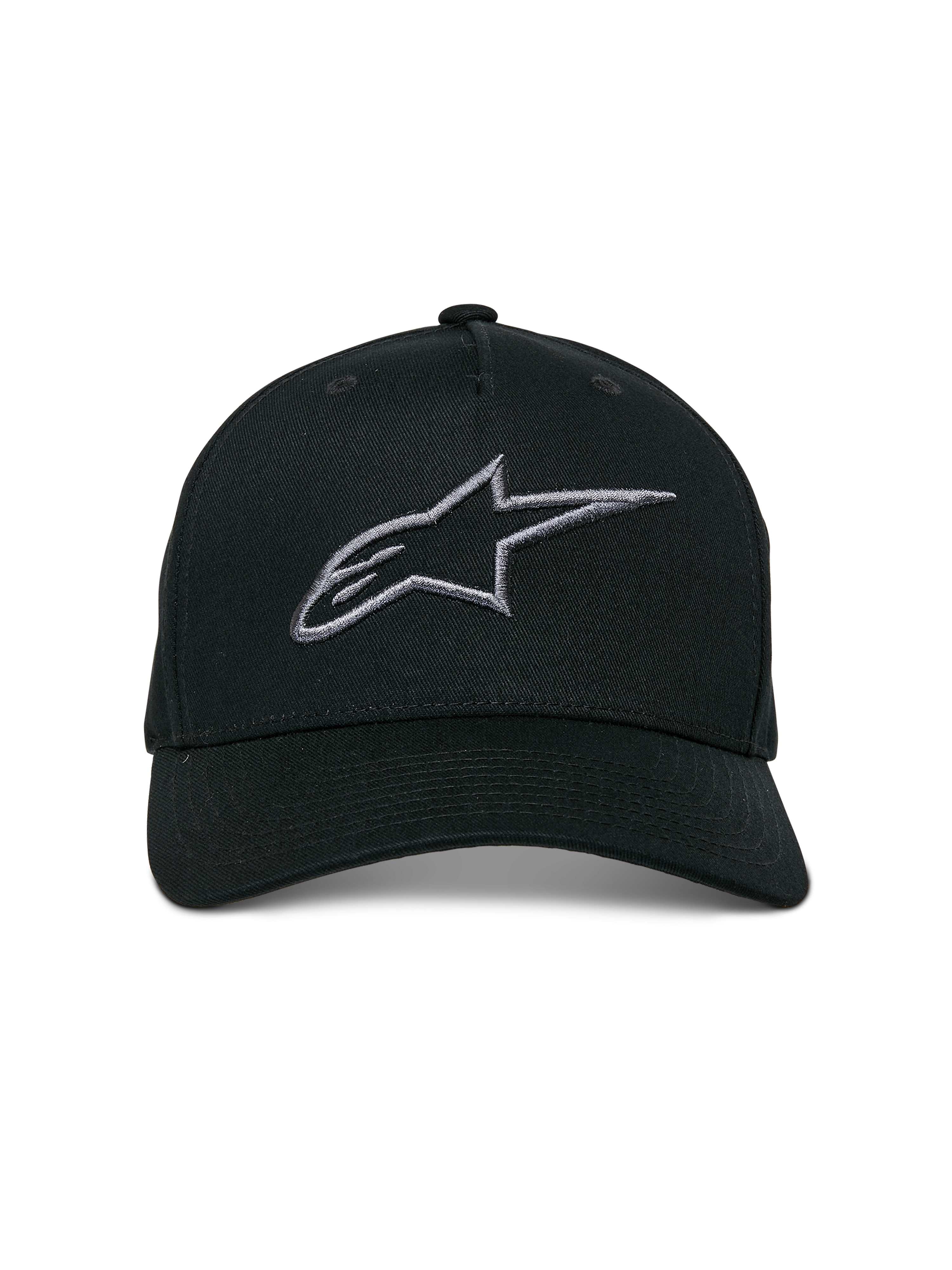 Boné Alpinestars Ageless Snapback, preto e cinzento escuro, pala curva, coroa estruturada, logótipo linear bordado em 3D, acessório casual inspirado no desporto motorizado