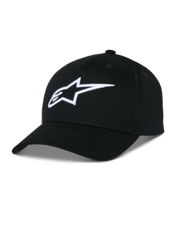 Alpinestars Boné Snapback Ageless, boné de sarja de algodão preto, copa estruturada com pala curva, logótipo de estrela bordado em 3D branco, vestuário desportivo casual inspirado no desporto motorizado