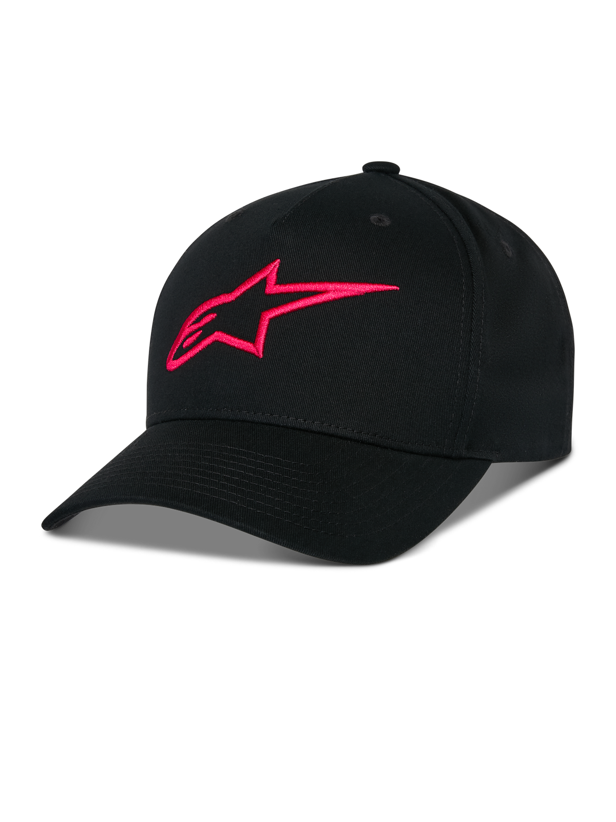 Boné Snapback Ageless da Alpinestars, preto com logótipo A-star bordado a 3D em vermelho, copa estruturada com pala curva, tecido de sarja de algodão, acessório de sportswear casual