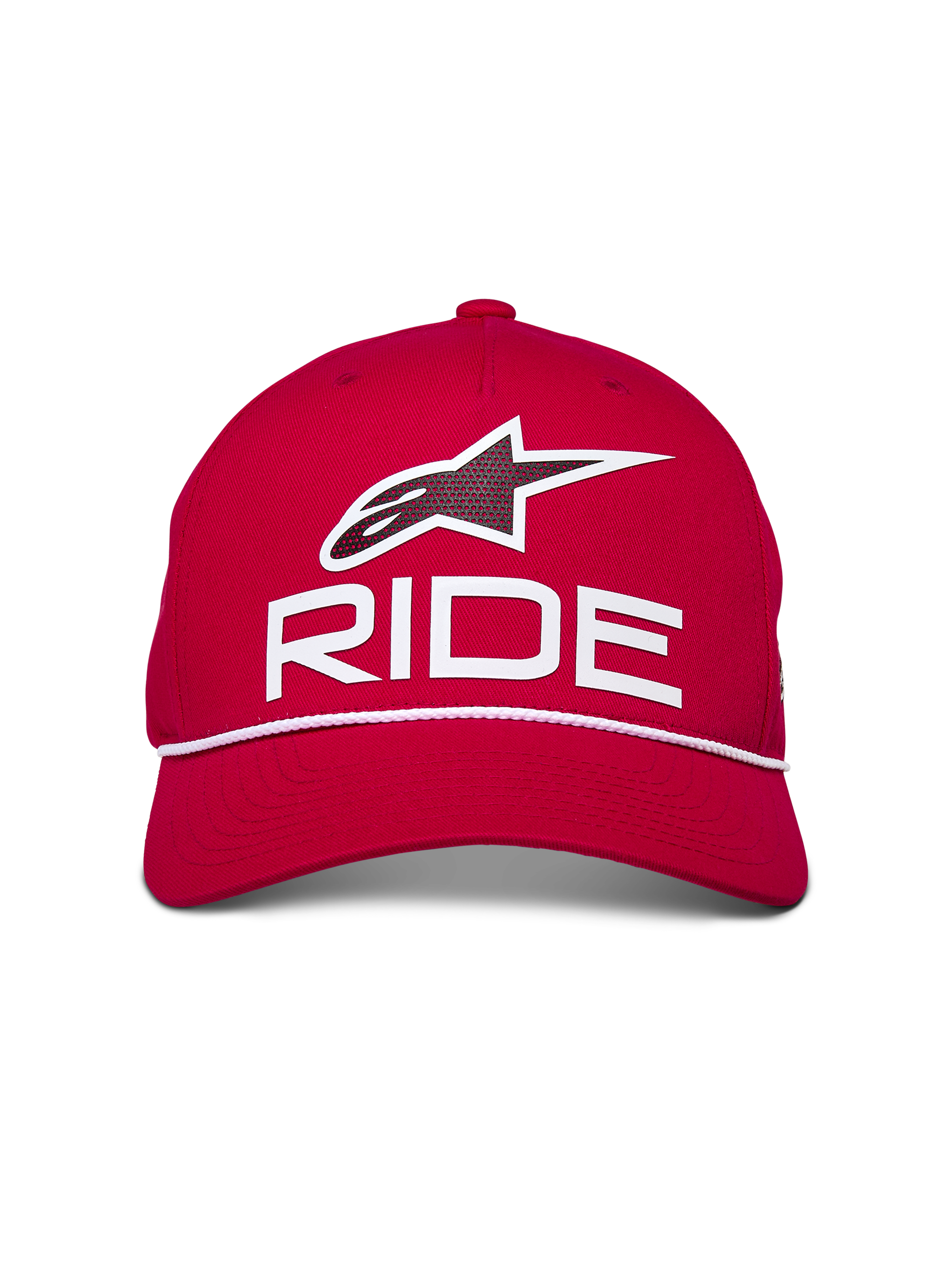 Alpinestars Ride Comp Snapback Hat, Red with White and Black, featuring 3D Astars Ride logo and white braided rope trim, structured crown with curved bill, casual motorsport-inspired headwear