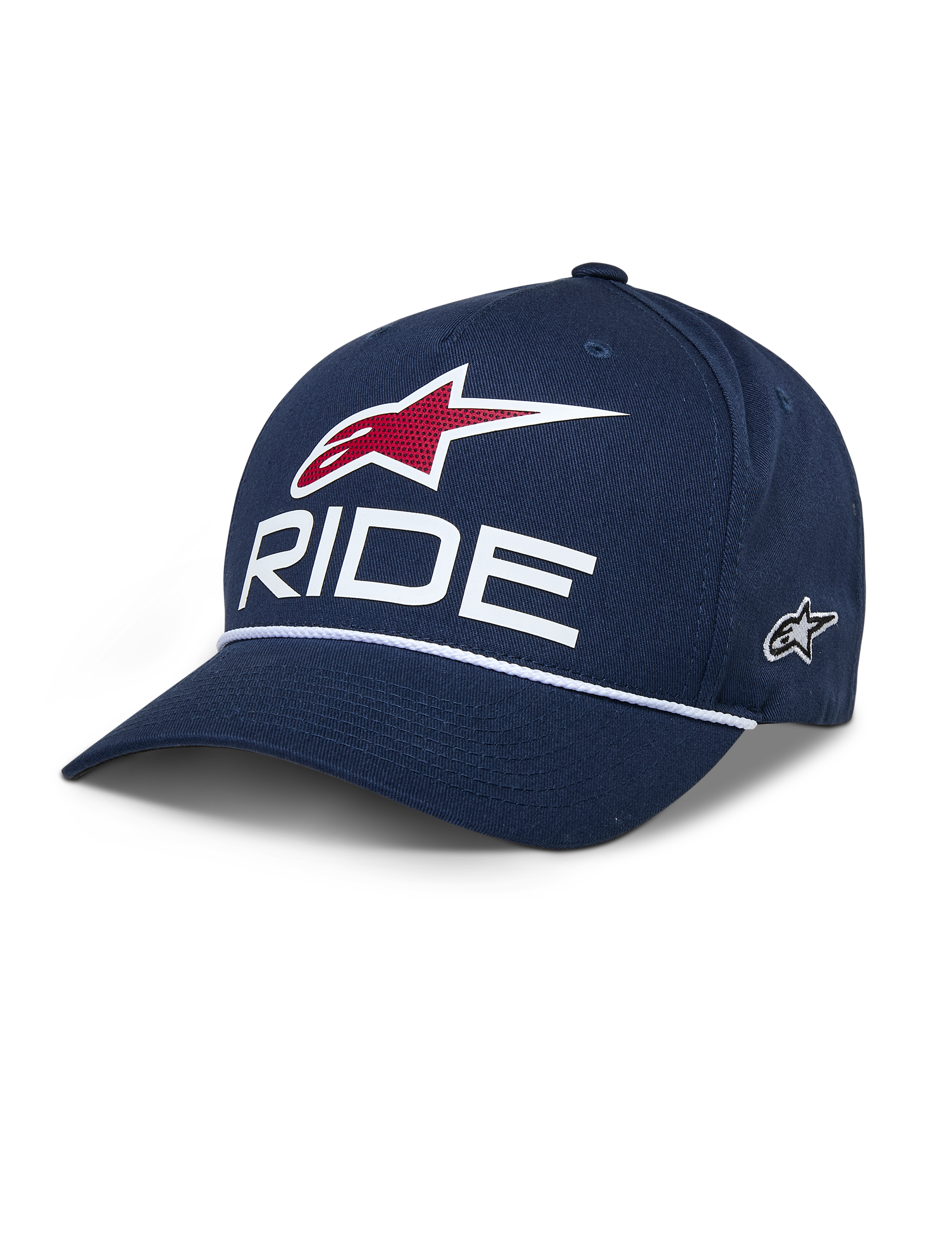 Alpinestars Ride Comp Snapback Hat, boné de basebol azul-marinho, logótipo "RIDE" branco e estrela vermelha, pala curva com corda entrançada branca, estilo casual motorsport