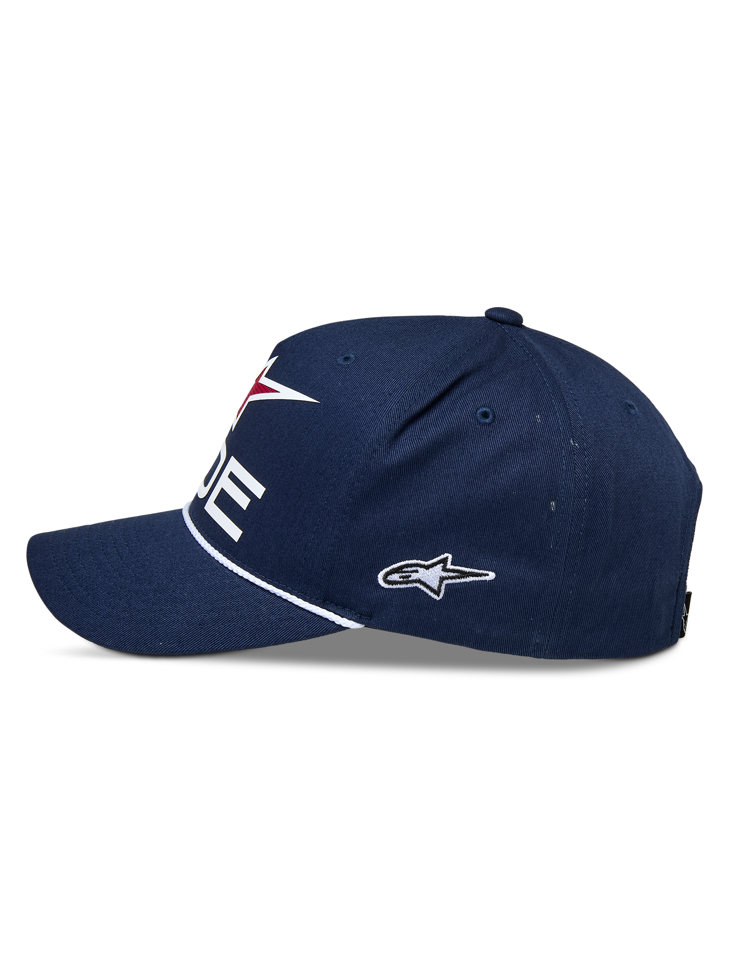 Alpinestars Ride Comp Snapback Hat, Navy White and Red, side view, structured crown with curved bill, white braided rope trim, embroidered side logo, casual motorsport headwear