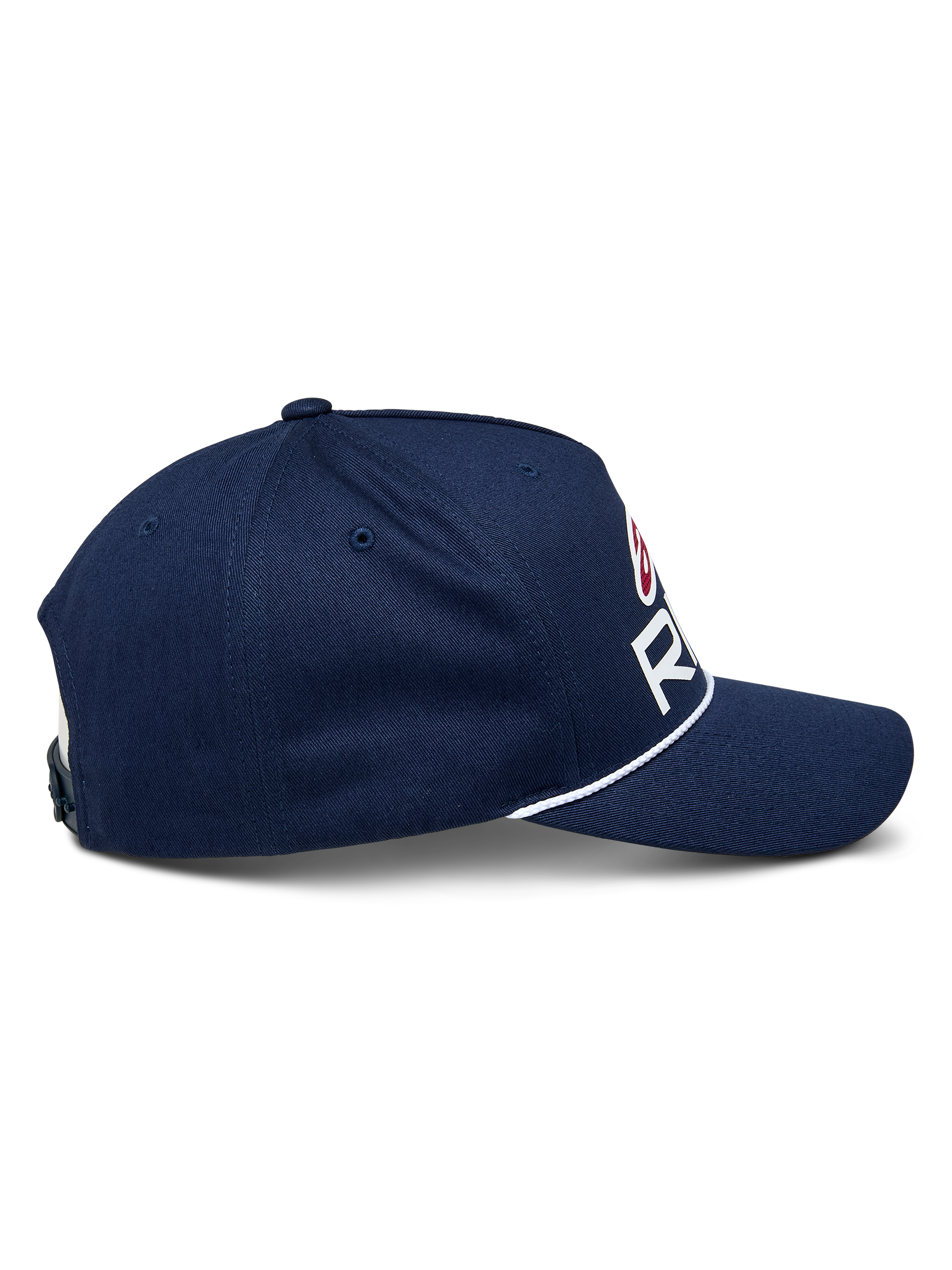 Alpinestars Ride Comp Snapback Hat, Navy Blue with White and Red accents, side profile view showing curved bill and white braided rope trim, structured crown, casual motorsport headwear