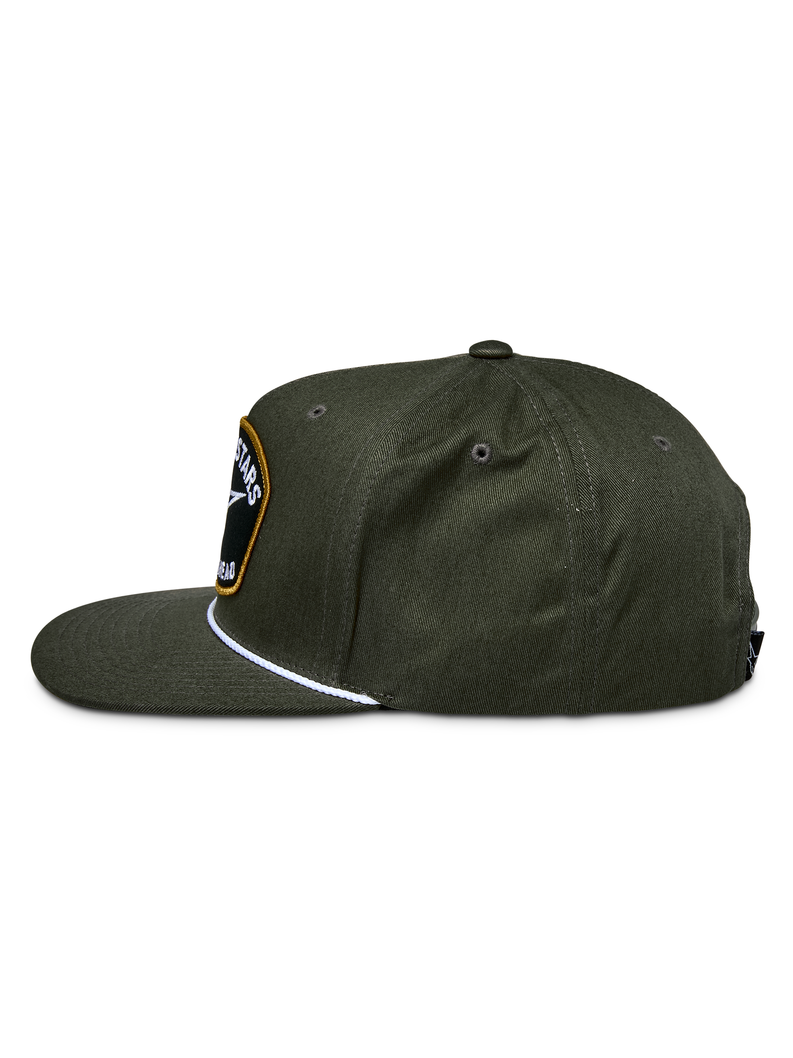 Alpinestars Promptus Snapback Hat, Military Green, side view showing the structured crown and flat bill, featuring a white braided rope detail and a front embroidered logo patch, cotton twill casual headwear