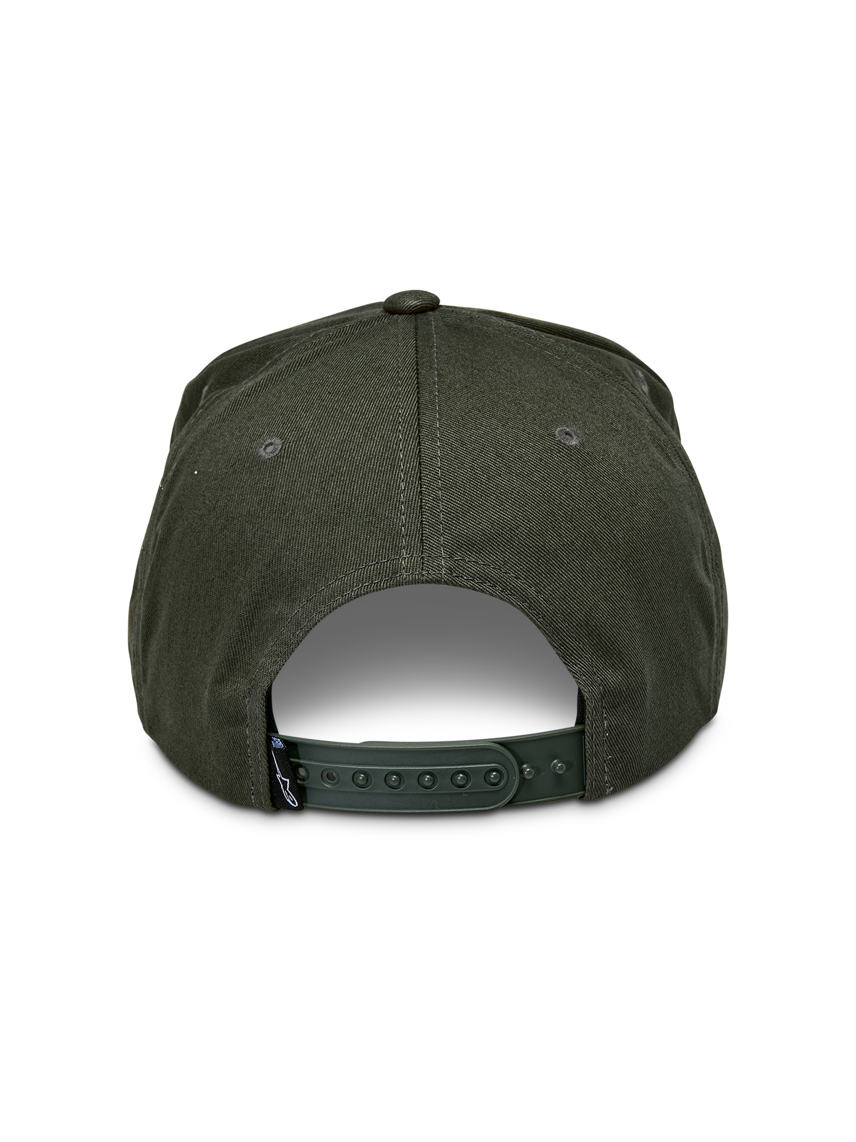Alpinestars Promptus Snapback Hat, Military Green, rear view featuring adjustable snapback closure and cotton twill fabric, small black brand label, casual motorsport-inspired headwear