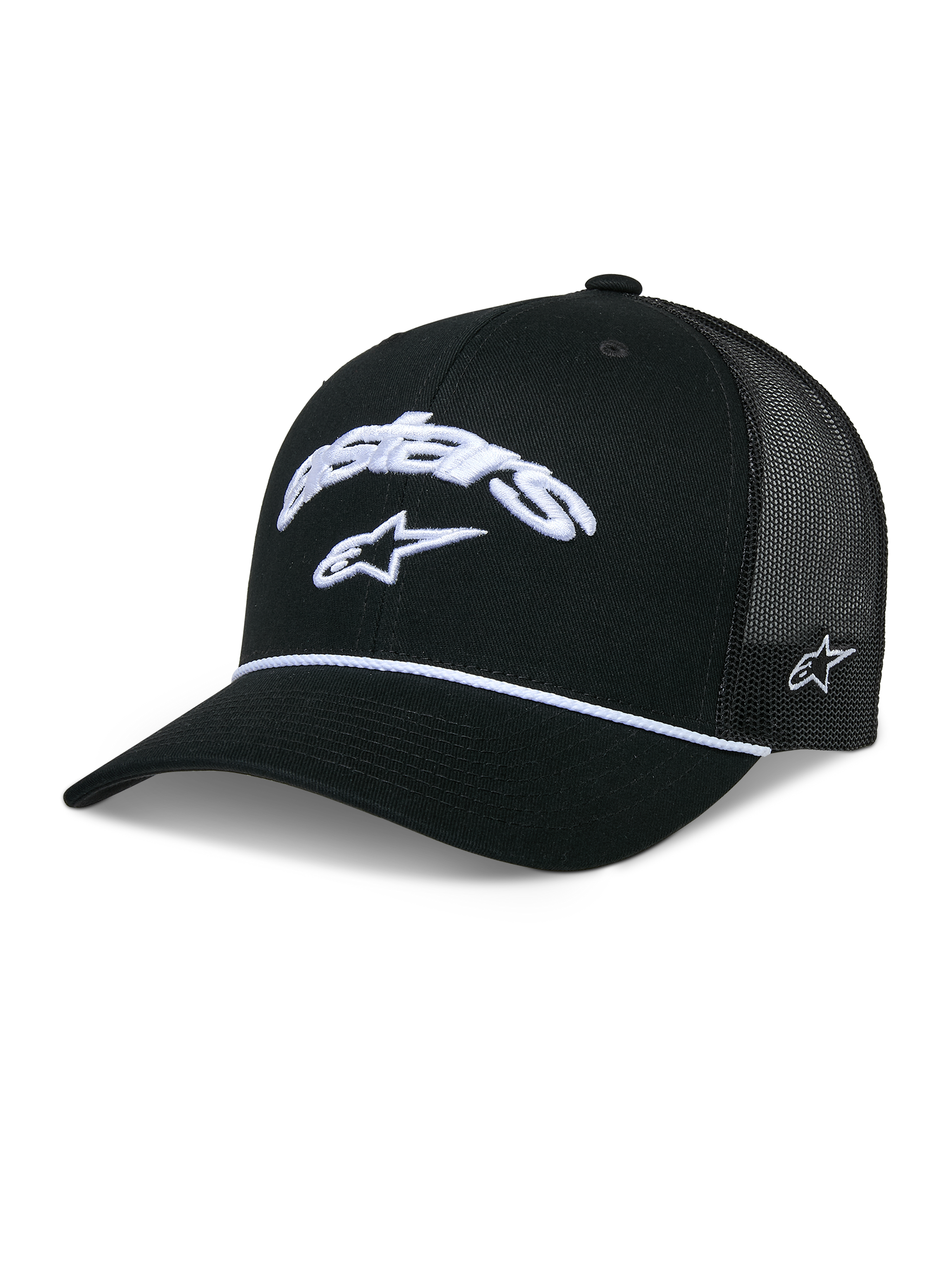 Alpinestars Agree Trucker Hat, boné trucker preto, logótipo Astars curvado bordado a branco na frente, detalhe de corda entrançada branca na costura da pala, parte traseira em malha preta, coroa estruturada e pala curva