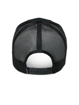 Boné Alpinestars Agree Trucker, vista traseira, preto, parte traseira em malha de poliéster respirável com fecho snapback ajustável e pequena etiqueta de logótipo branca, acessório de cabeça casual inspirado no desporto motorizado