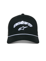 Alpinestars Agree Trucker Hat, boné preto, coroa estruturada com aba curva, logótipo Astars curvo e estrela bordados a branco, detalhe de corda entrançada branca, parte traseira em malha respirável, acessório casual inspirado no desporto motorizado