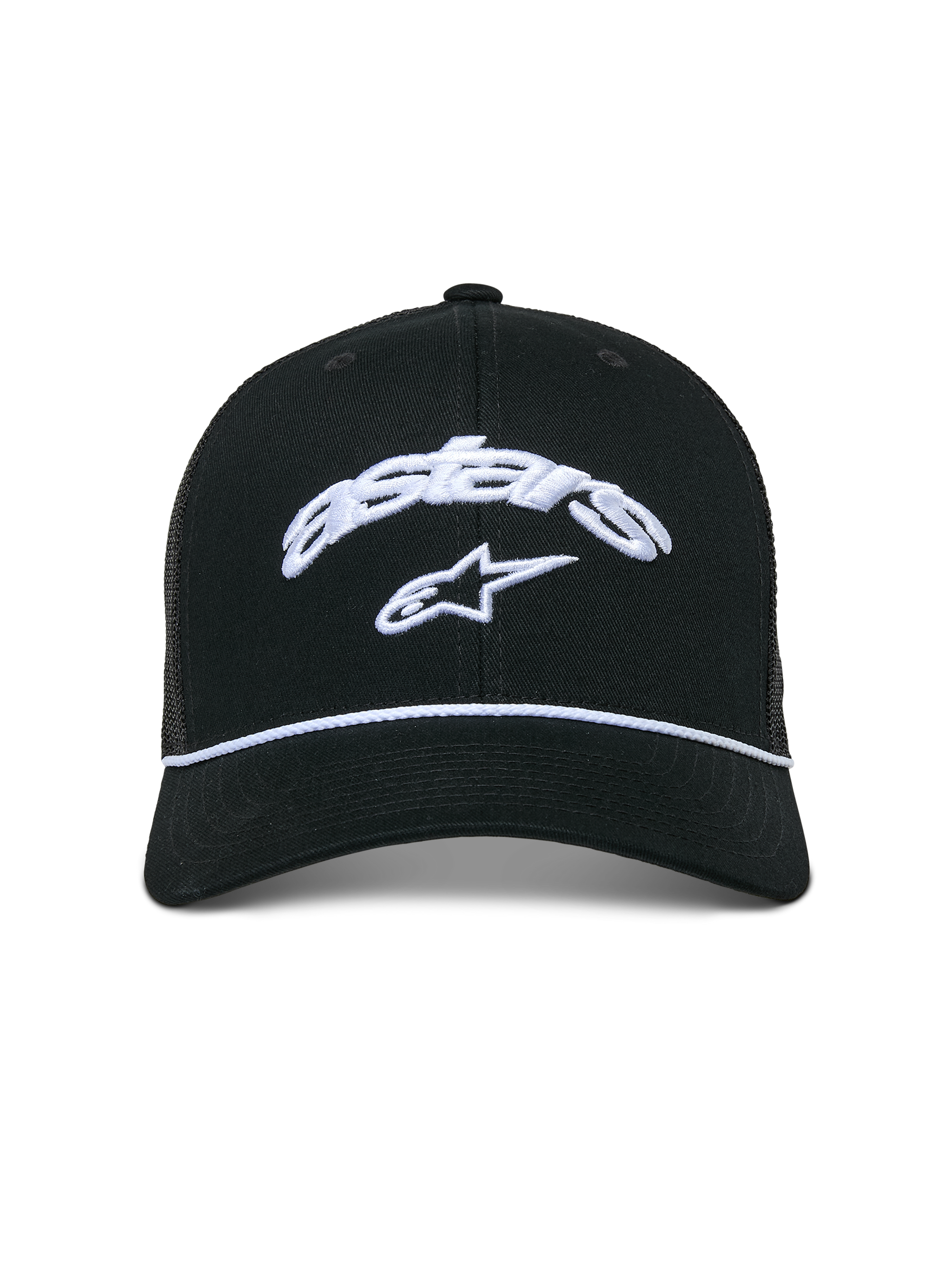 Alpinestars Agree Trucker Hat, boné preto, coroa estruturada com aba curva, logótipo Astars curvo e estrela bordados a branco, detalhe de corda entrançada branca, parte traseira em malha respirável, acessório casual inspirado no desporto motorizado