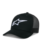 Alpinestars Ageless Trucker Hat, Black mesh-back baseball cap, White 3D embroidered Astars logo, Structured crown and curved brim, Casual lifestyle headwear