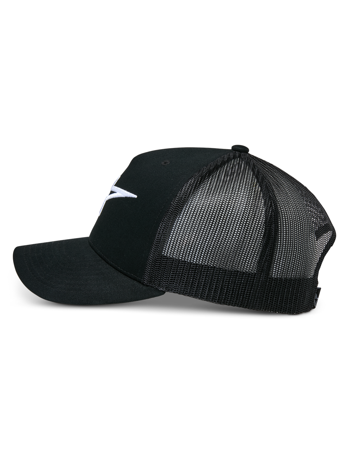Alpinestars Ageless Trucker Hat, boné preto, vista de perfil lateral, frente em sarja de algodão estruturada com logótipo Astars bordado a branco, parte traseira em malha preta respirável, pala curva, acessório casual de desportos motorizados