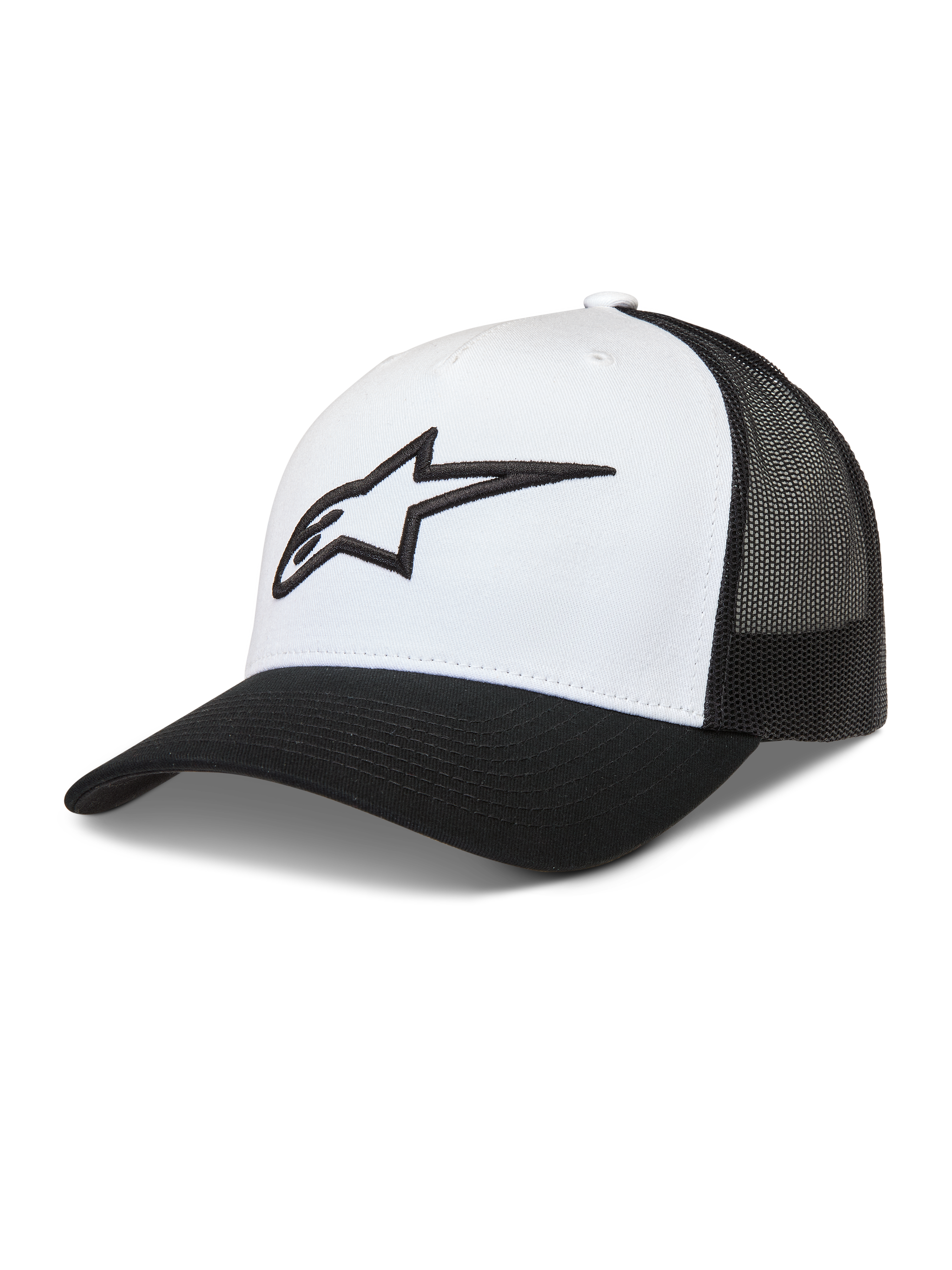 Alpinestars Ageless Snapback, boné trucker branco e preto, logótipo Astars 3D, coroa estruturada e parte traseira em malha.