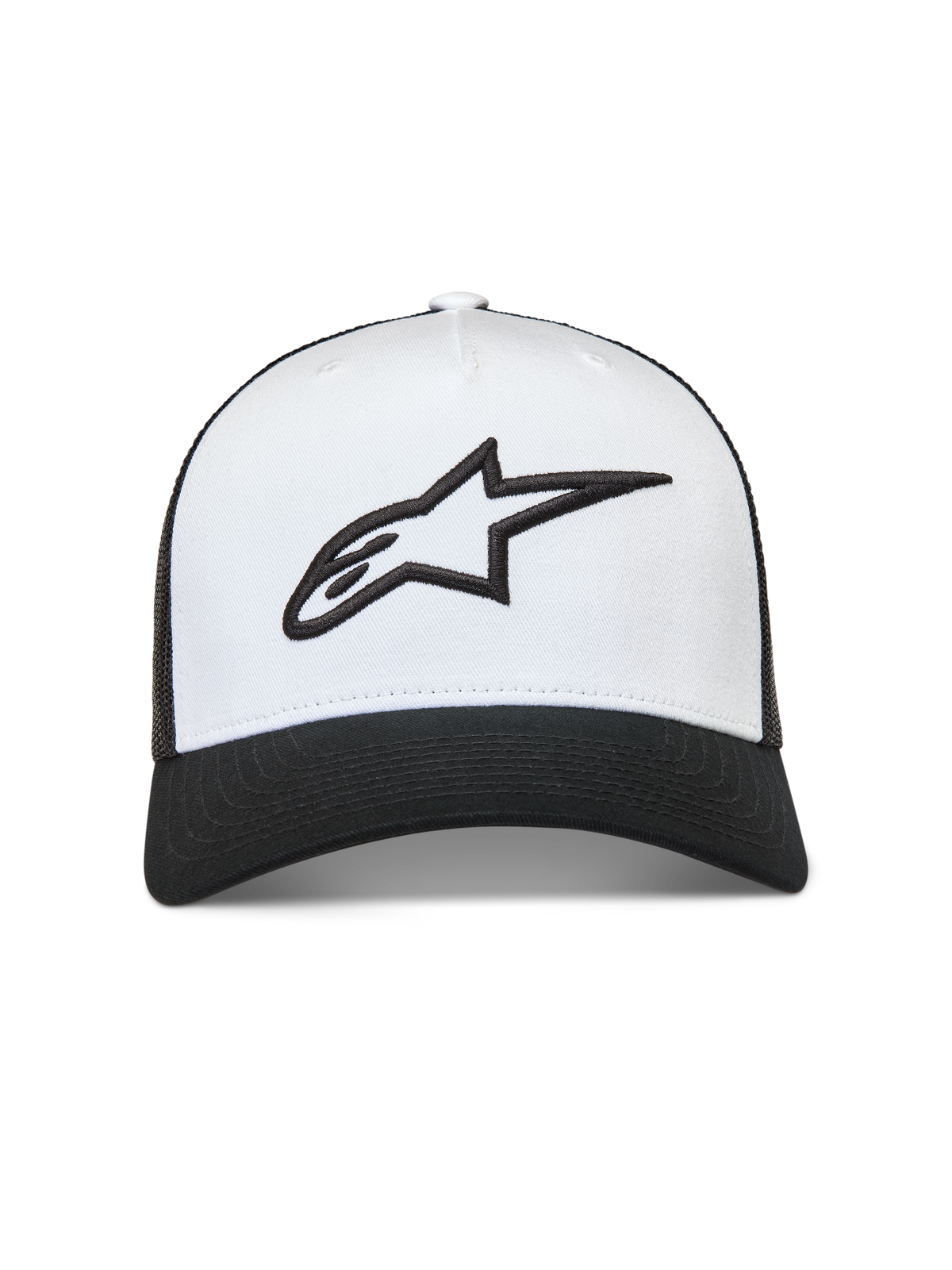 Alpinestars Ageless Snapback Chapéu, boné trucker branco e preto, logótipo Astars bordado em 3D, aba curva, sportswear casual