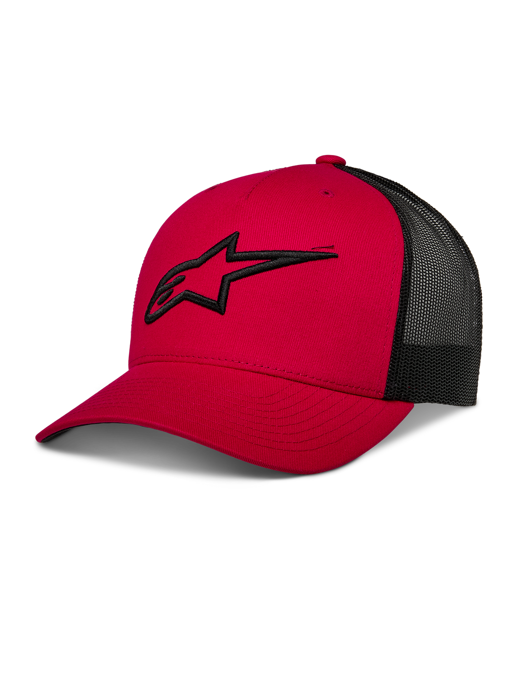 Alpinestars Ageless Trucker Hat, boné de basebol vermelho e preto, painel traseiro em malha, aba curva, logótipo Astars preto bordado em 3D, coroa estruturada, vestuário desportivo casual de desportos motorizados