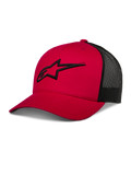 Alpinestars Ageless Trucker Hat, boné de basebol vermelho e preto, painel traseiro em malha, aba curva, logótipo Astars preto bordado em 3D, coroa estruturada, vestuário desportivo casual de desportos motorizados