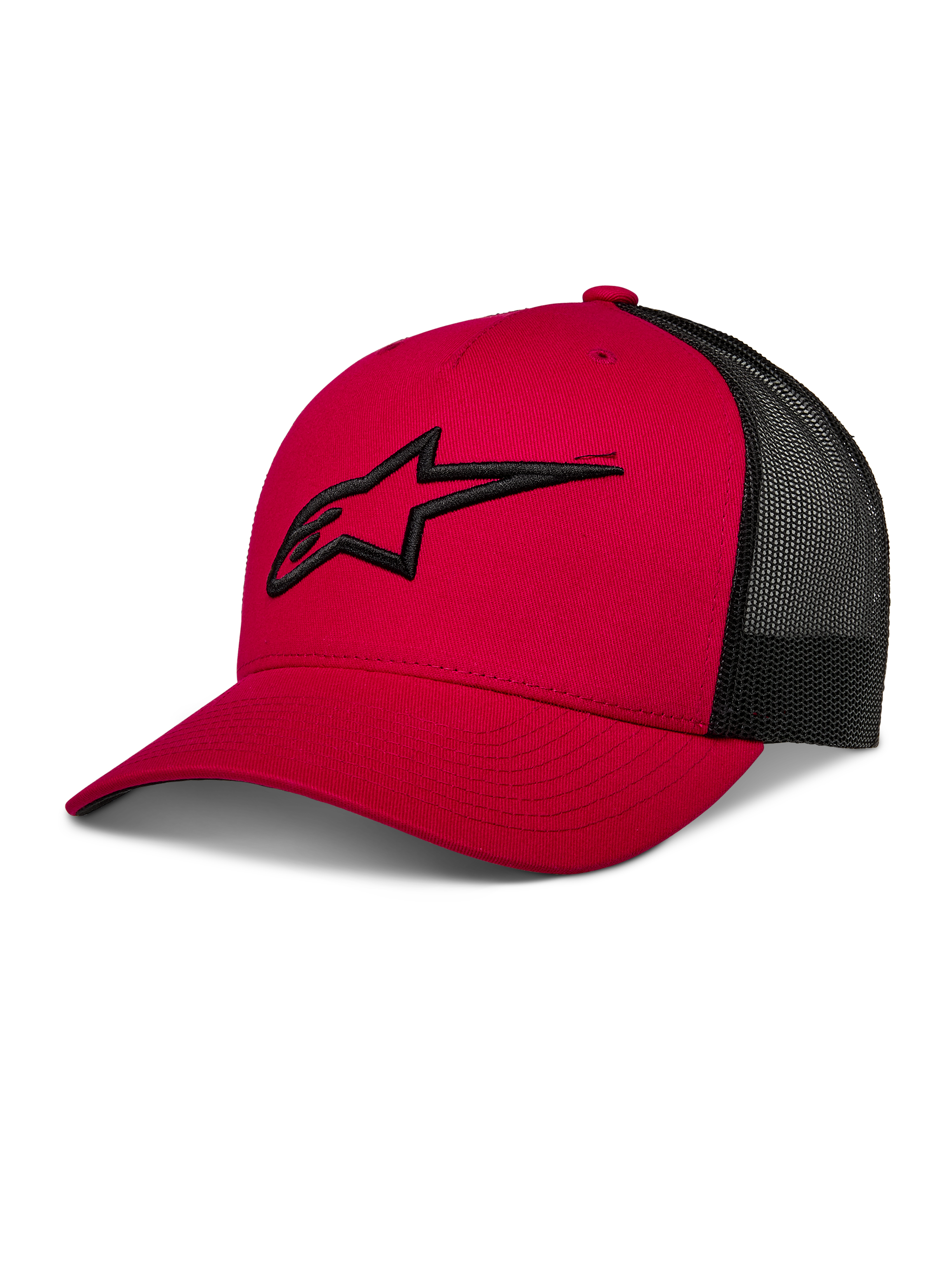 Alpinestars Ageless Trucker Hat, Red and Black, Mesh Back Baseball Cap, Curved Brim, 3D Embroidered Black Astars Logo, Structured Crown, Casual Motorsport Sportswear